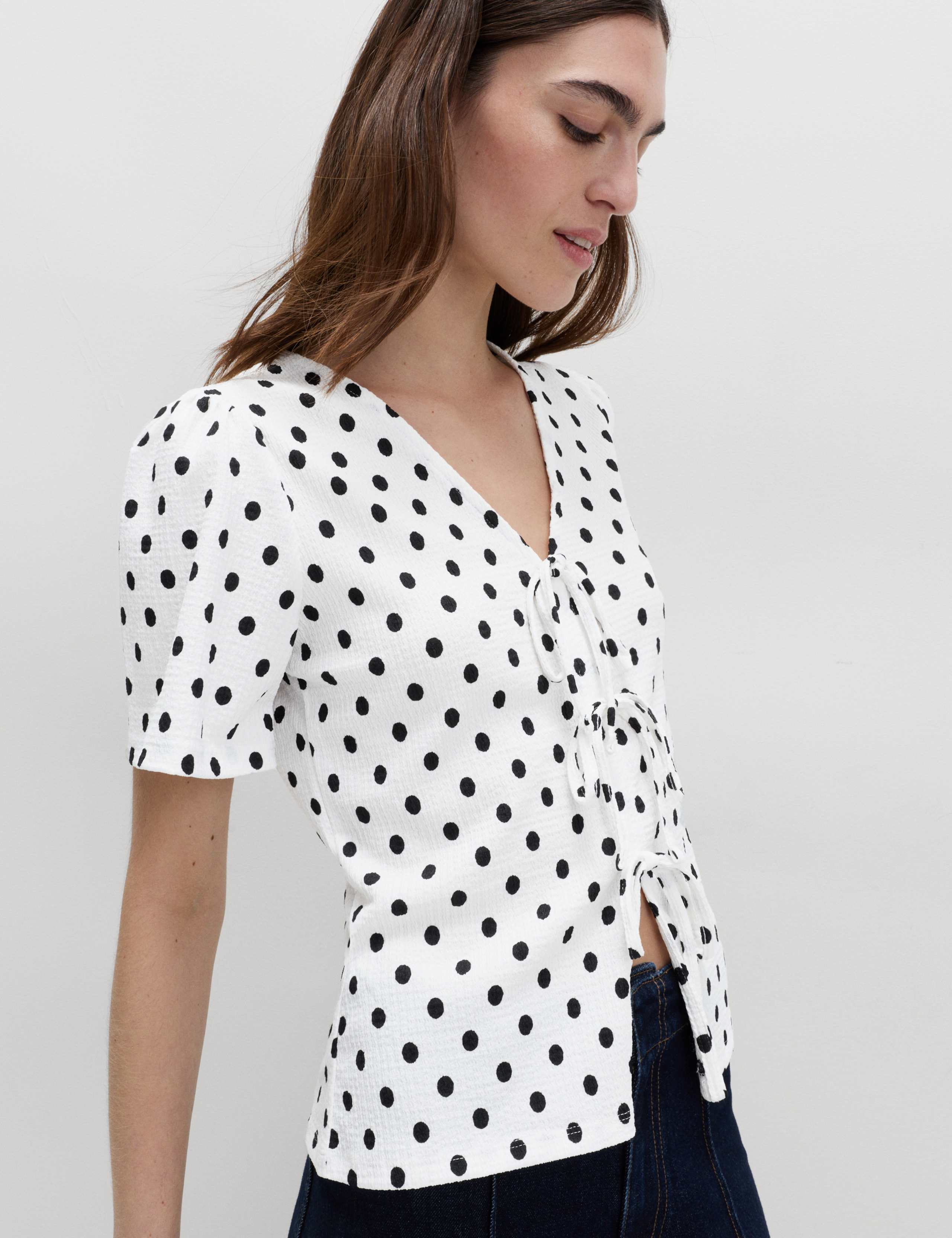 Gingham Textured V-Neck Tie Front Top 3 of 6