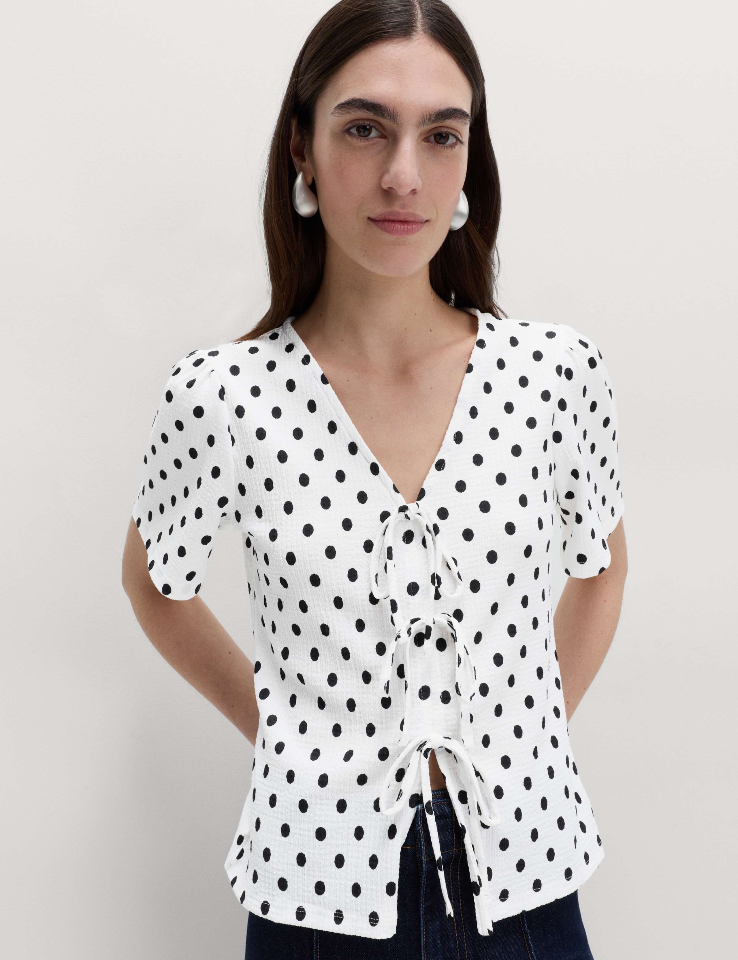 Gingham Textured V-Neck Tie Front Top 6 of 6