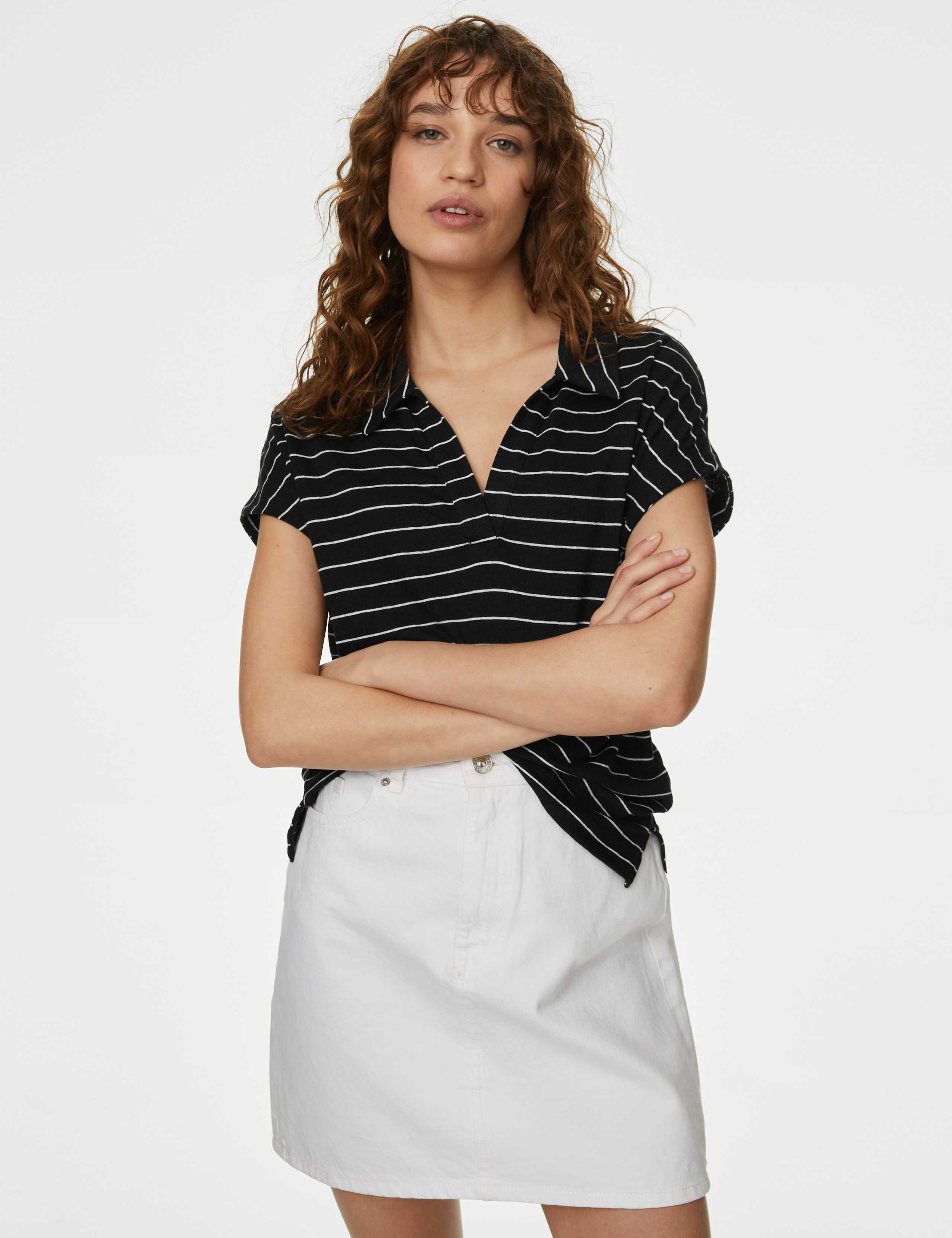 Linen Blend Striped Collared Top 1 of 5