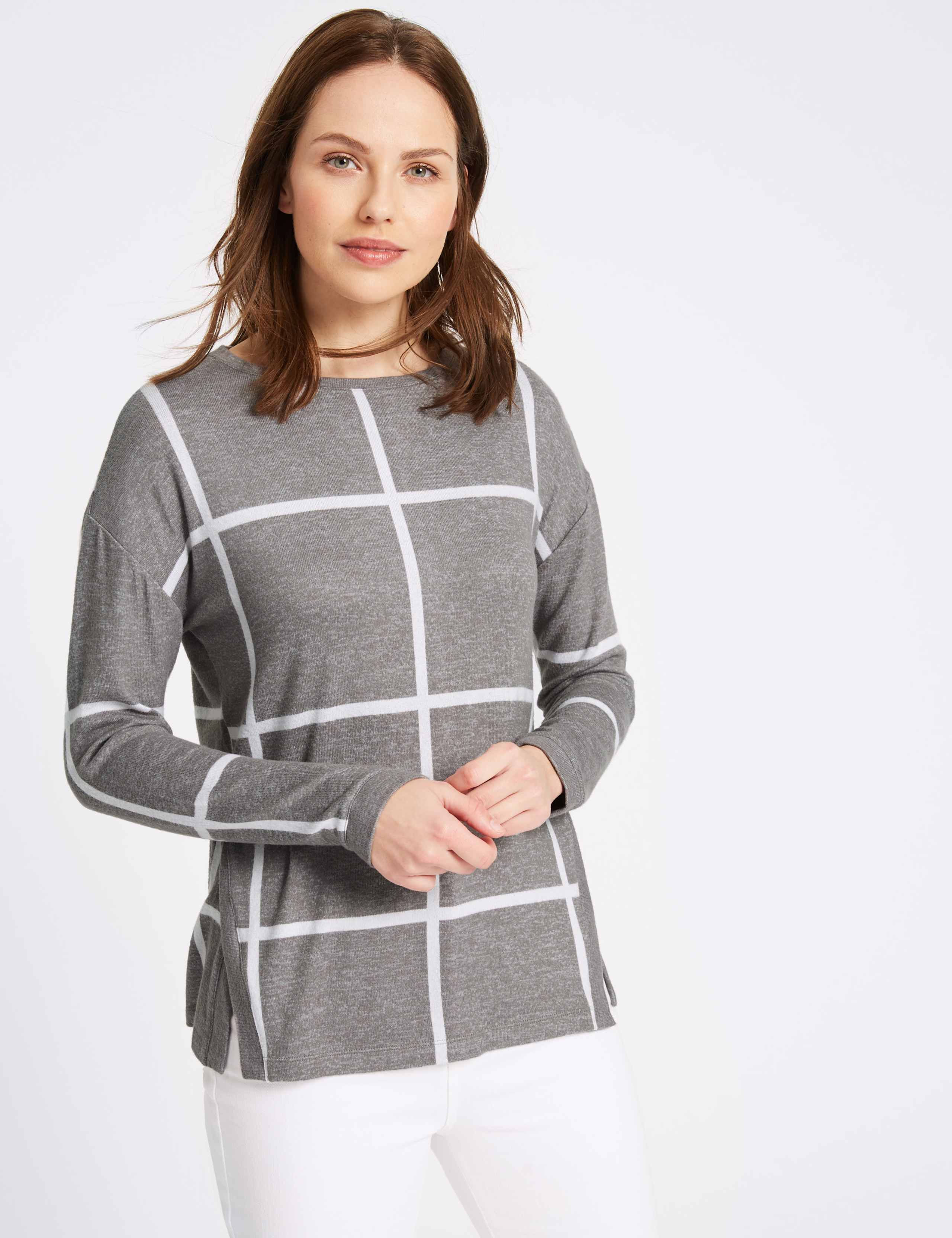 Grid Check Side Split Knitted T-Shirt 1 of 5