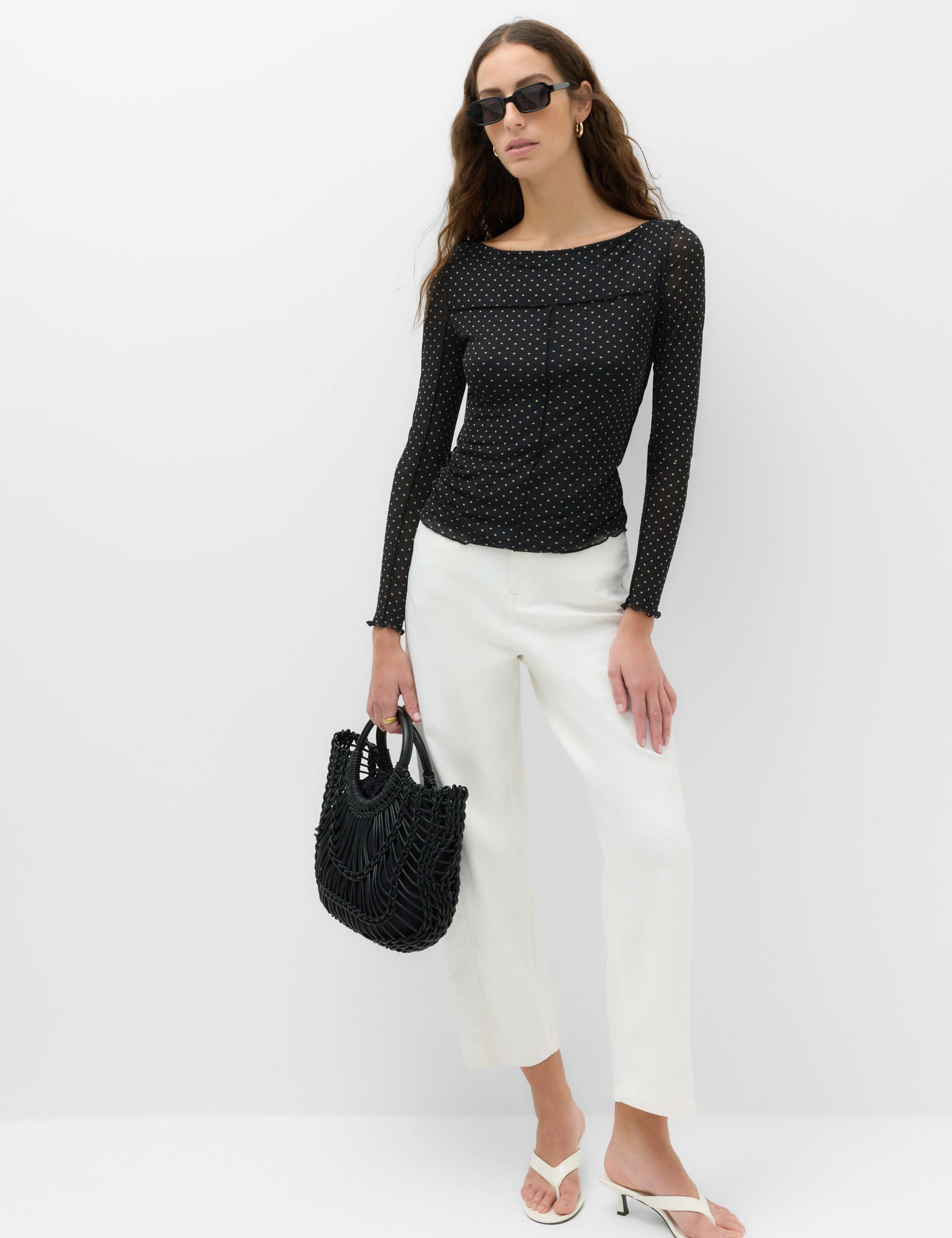 Mesh Jersey Polka Dot Slash Neck Top 3 of 6