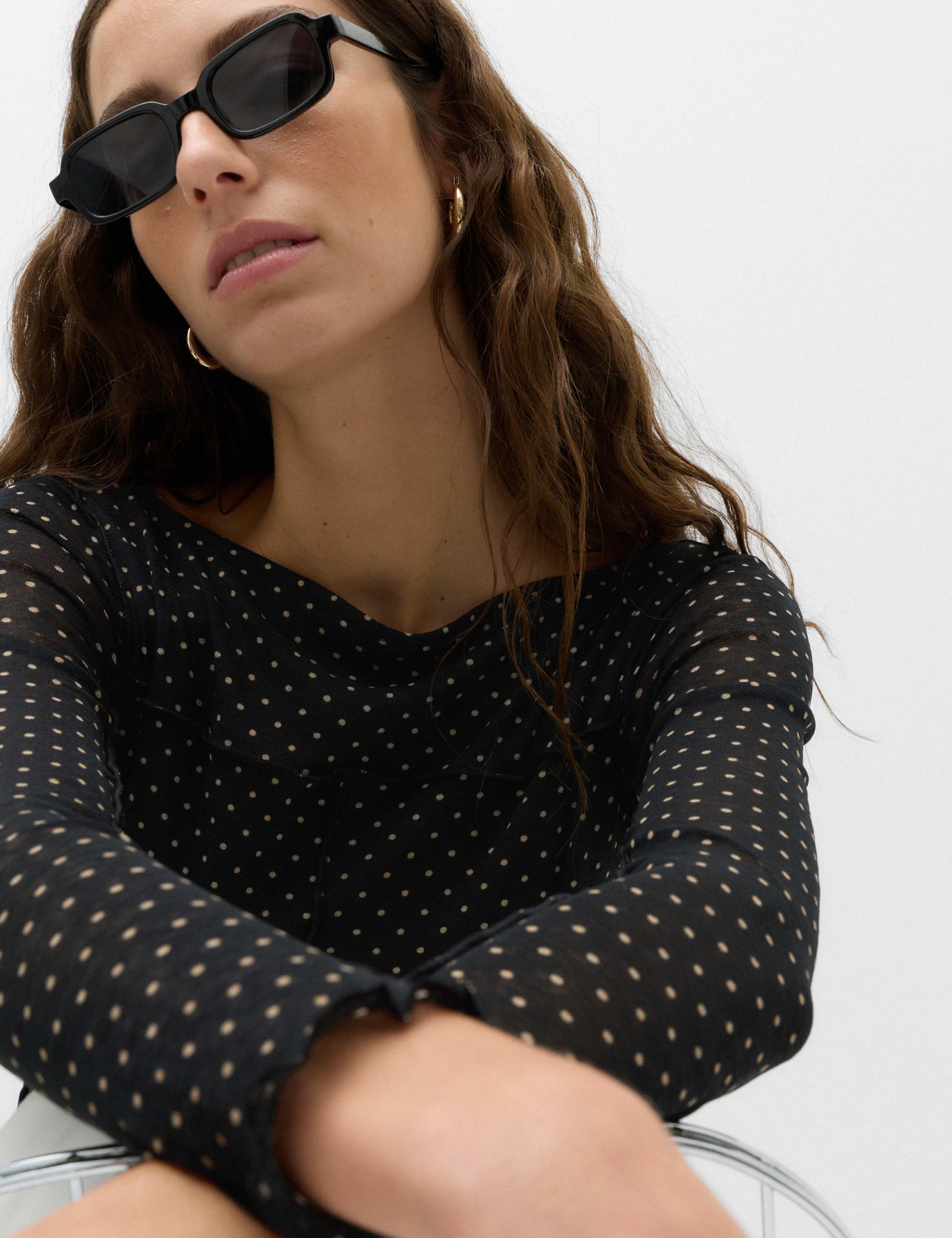 Mesh Jersey Polka Dot Slash Neck Top 6 of 6