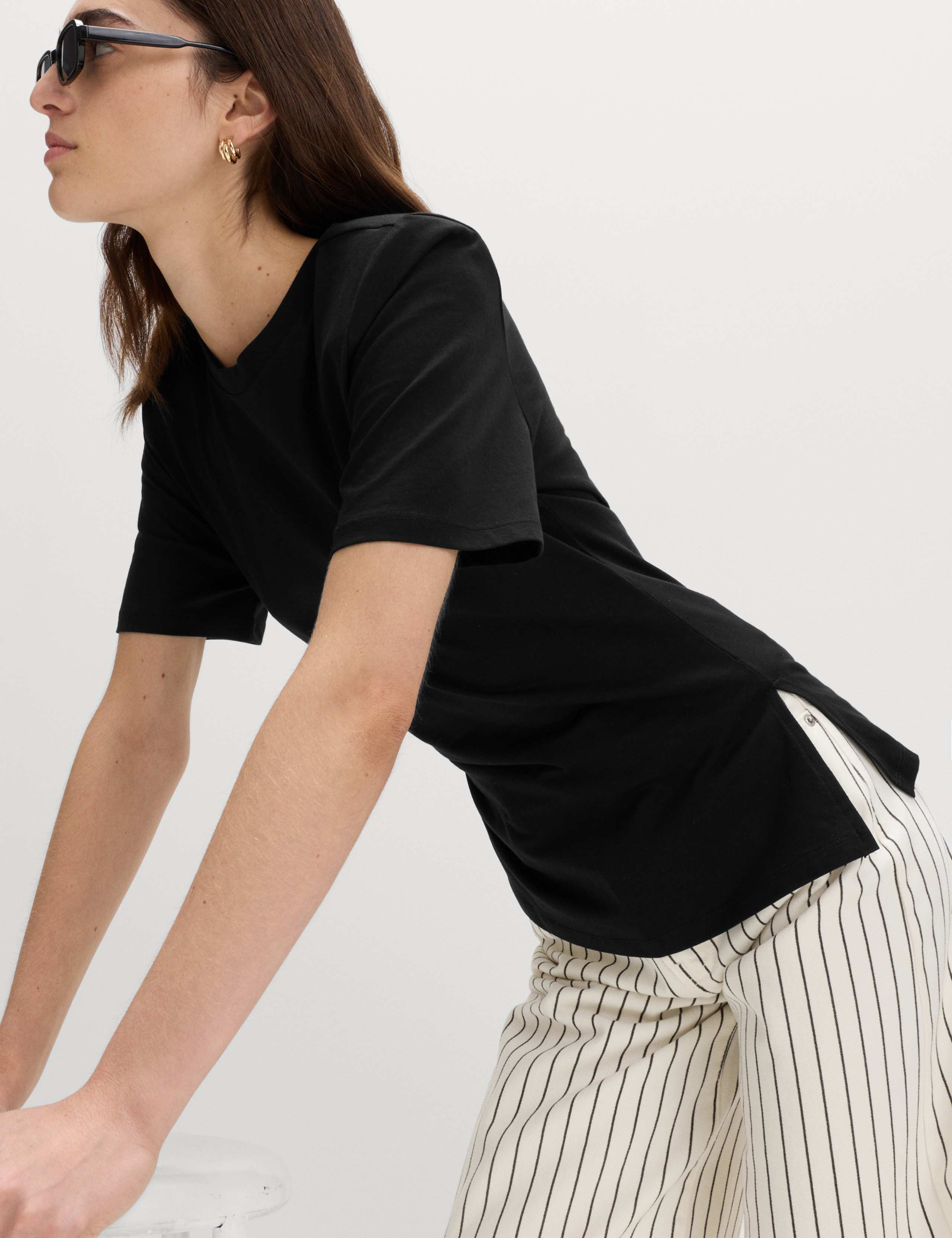 Pure Cotton Shoulder Pad Asymmetric Hem T-Shirt 1 of 5