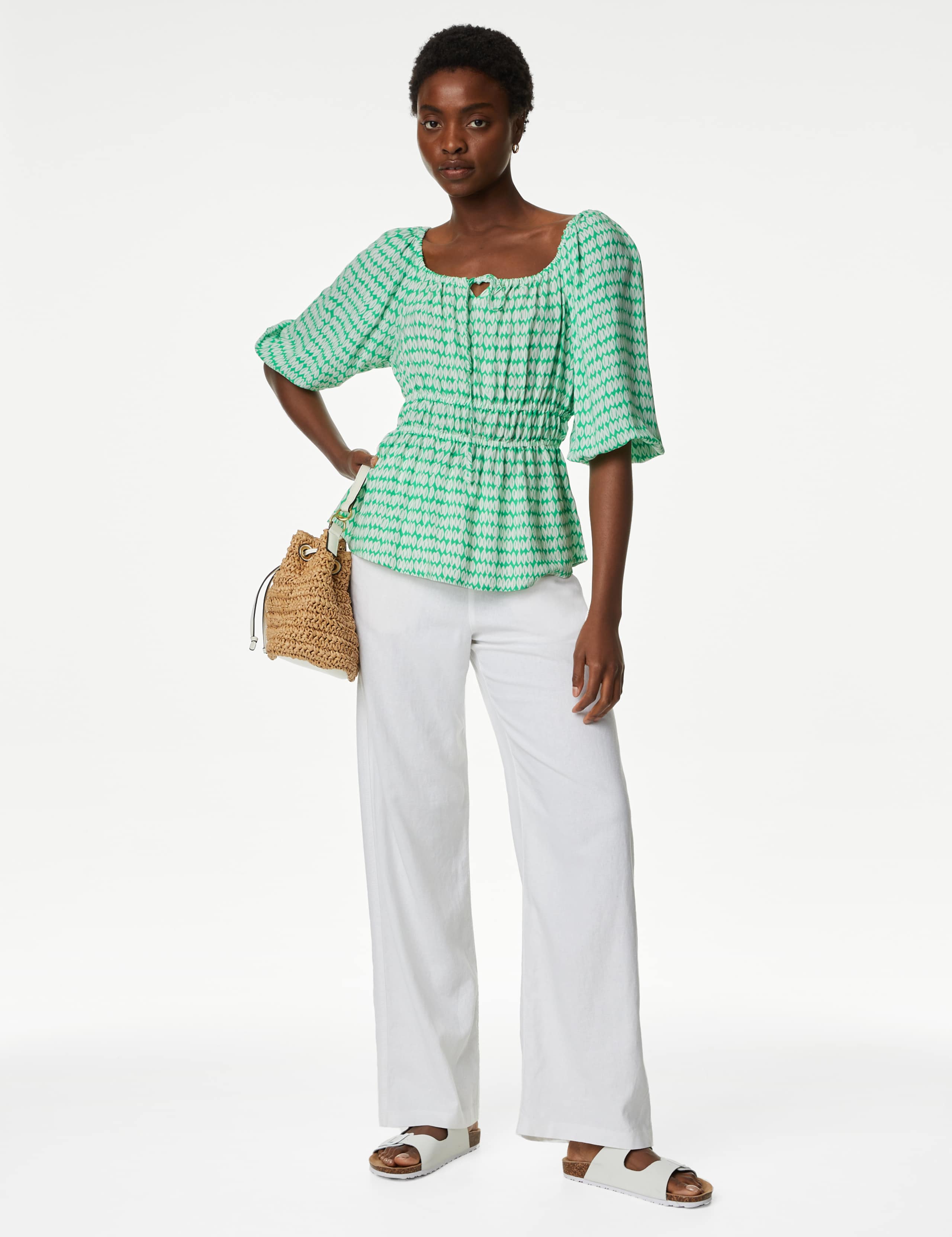 Printed Blouson Sleeve Peplum Top 3 of 5