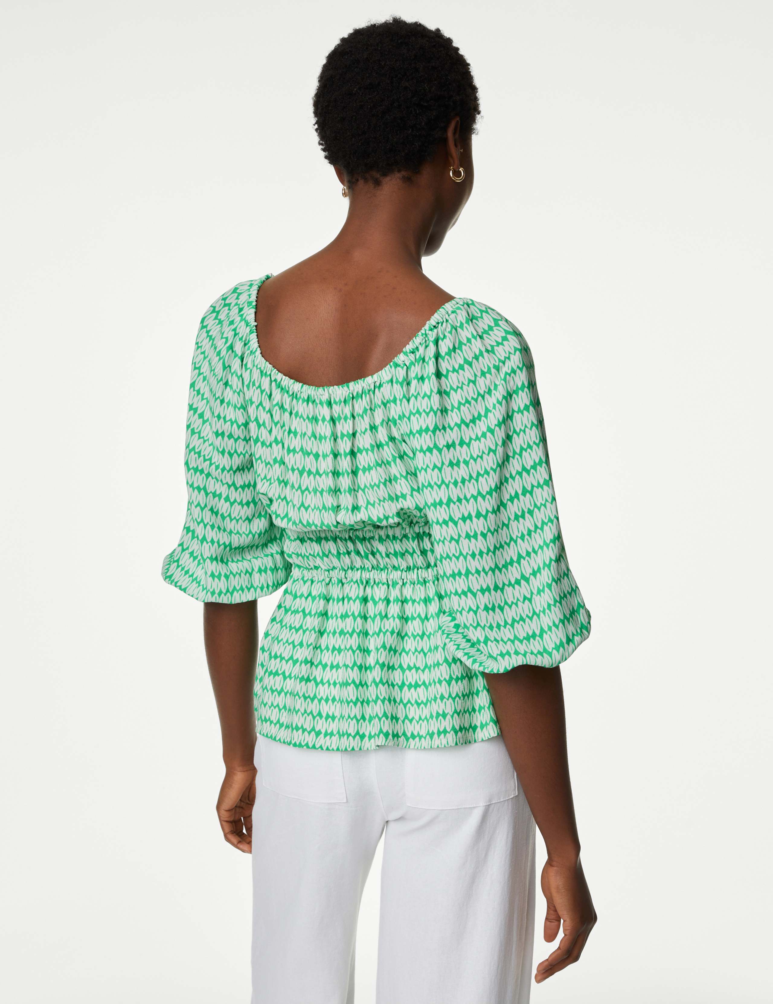 Printed Blouson Sleeve Peplum Top 5 of 5