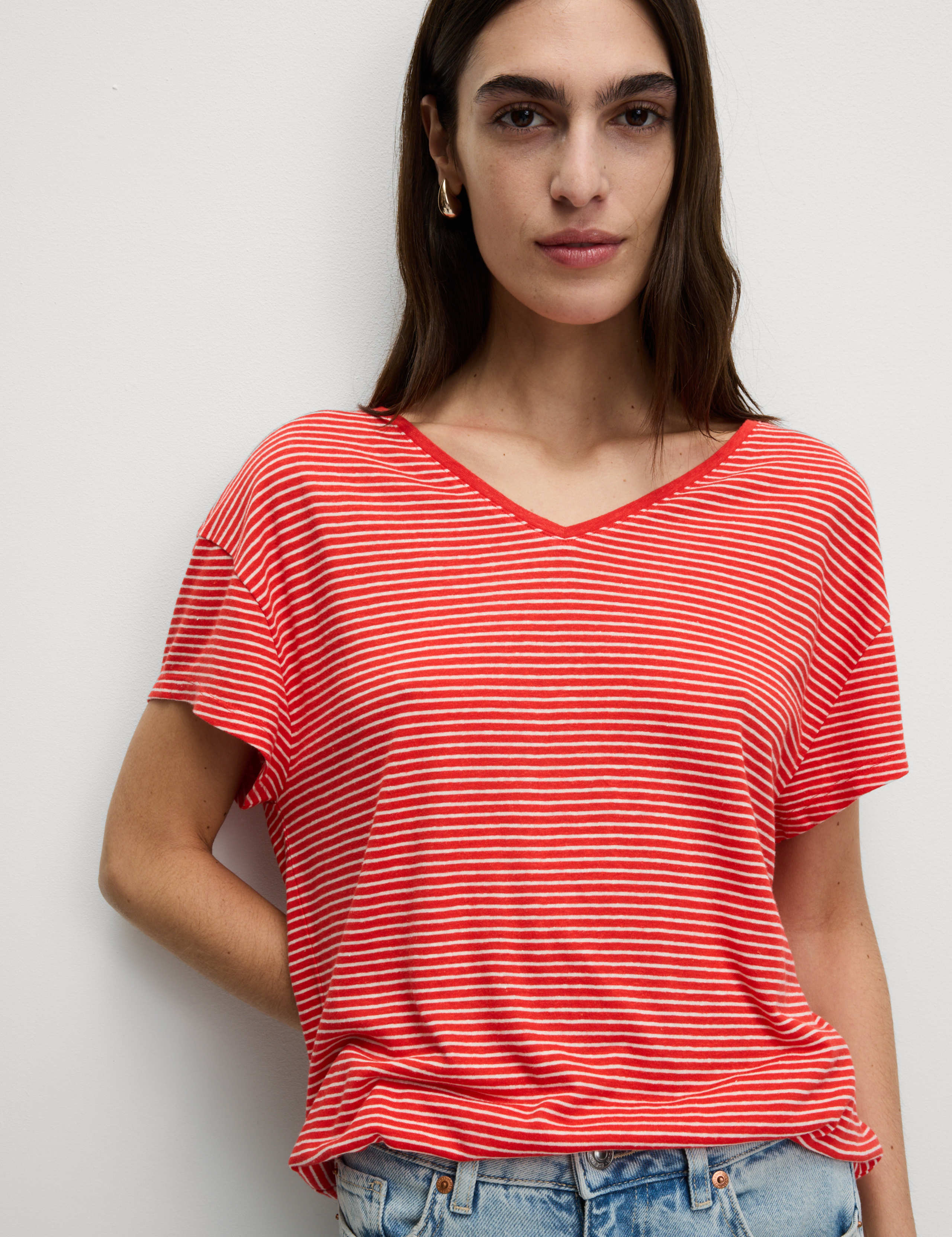Linen Blend Striped V-Neck T-Shirt 1 of 5