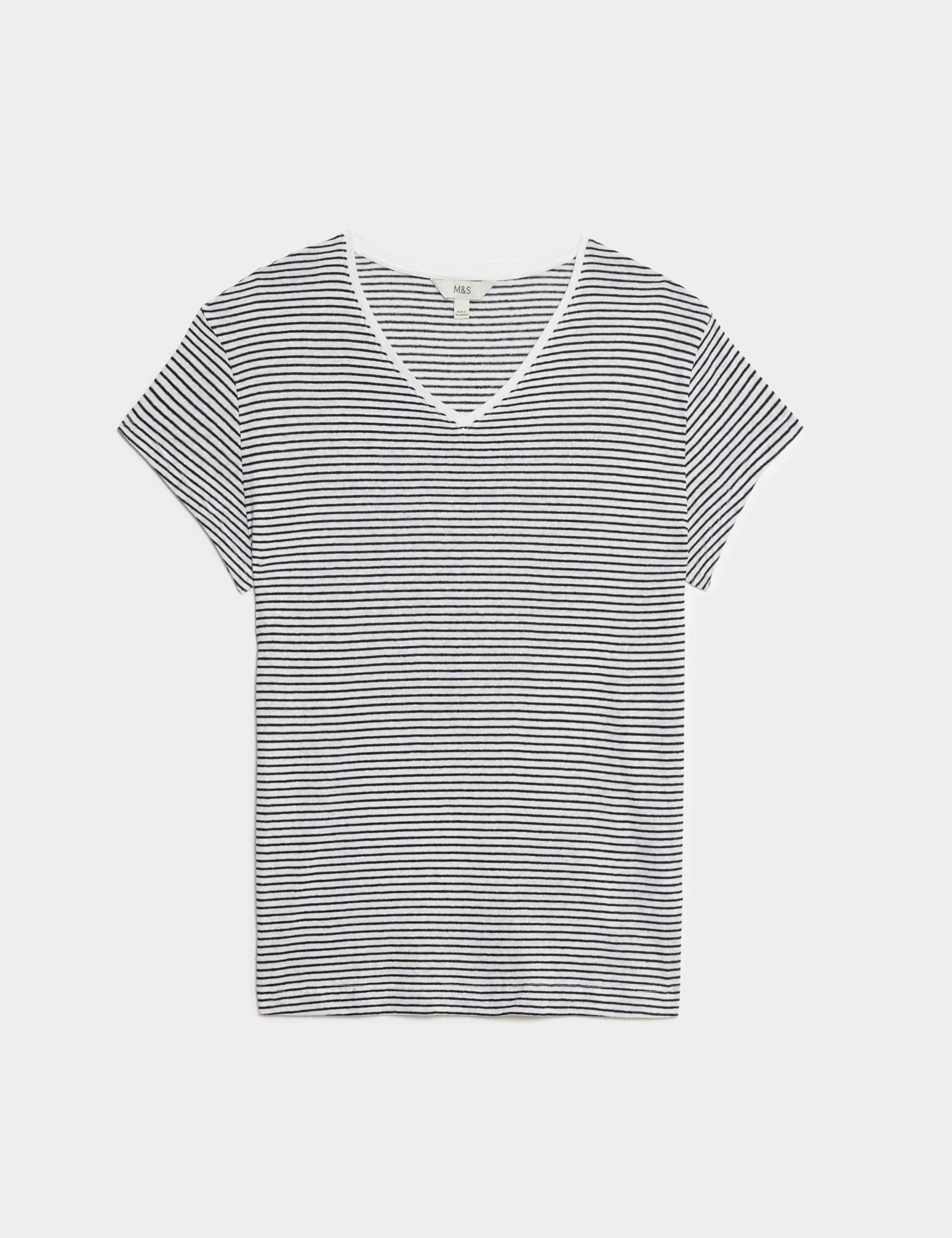 Linen Blend Striped V-Neck T-Shirt 2 of 6