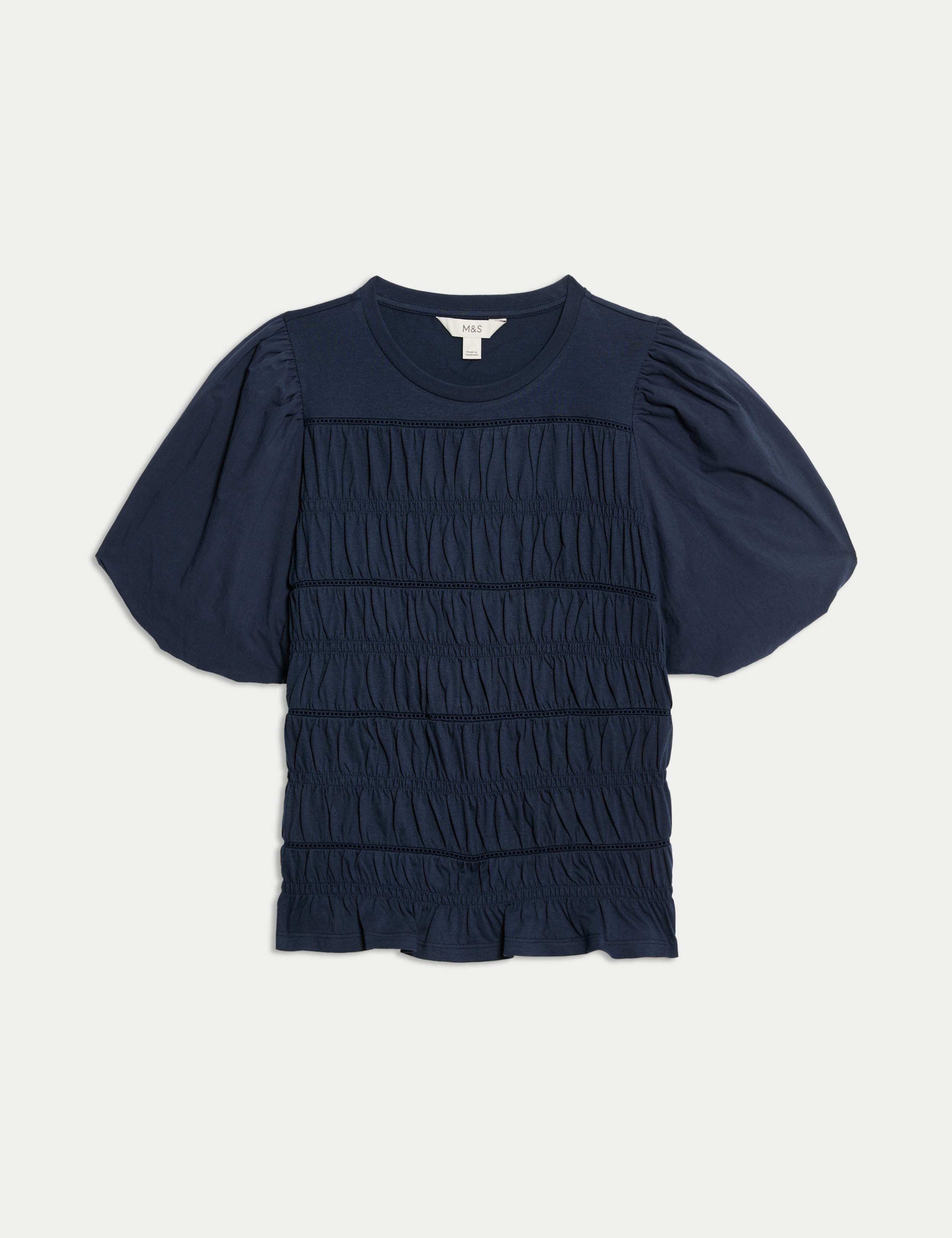 Pure Cotton Jersey Smocked Puff Sleeve Top 2 of 5