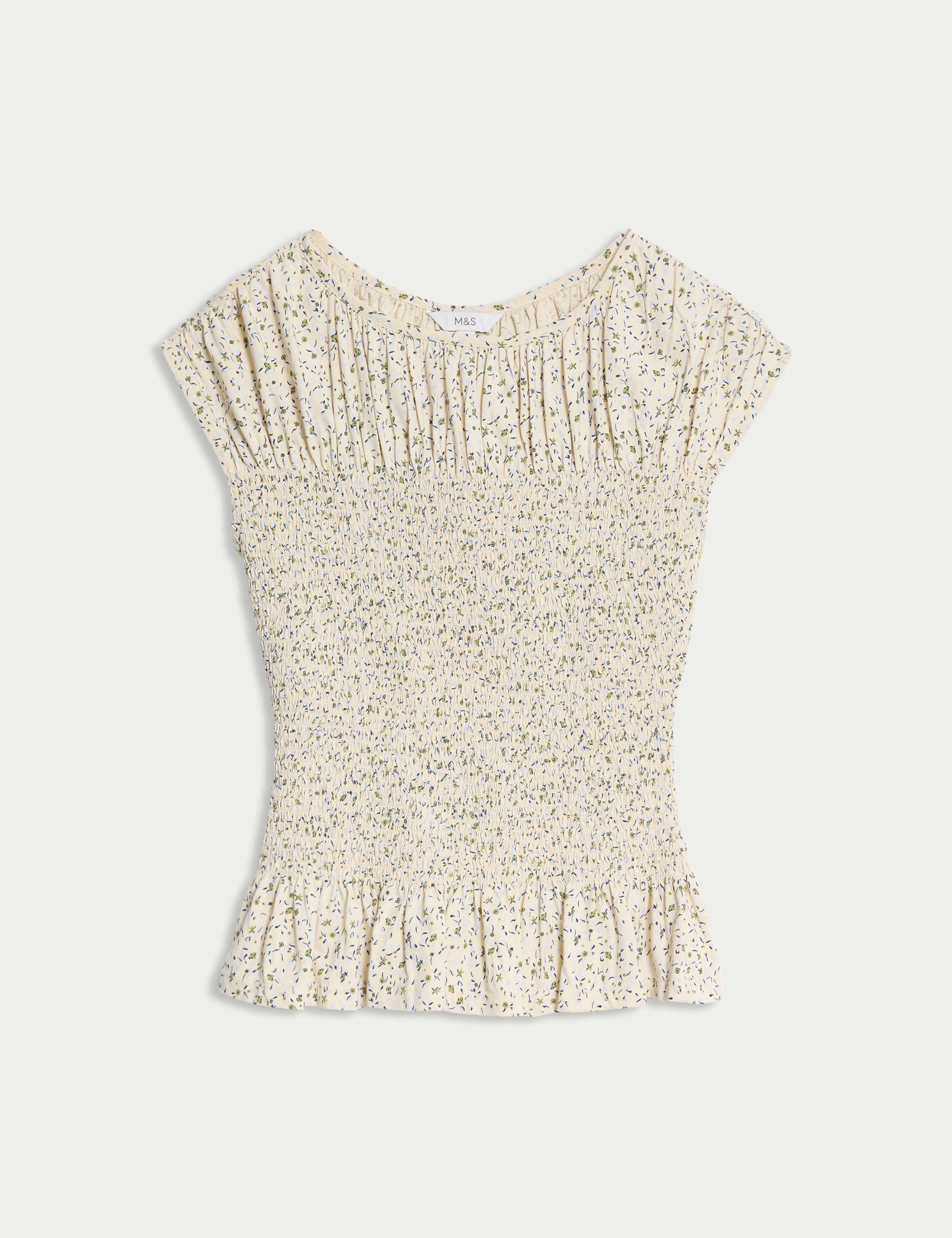 Pure Cotton Printed Shirred Top 2 of 5