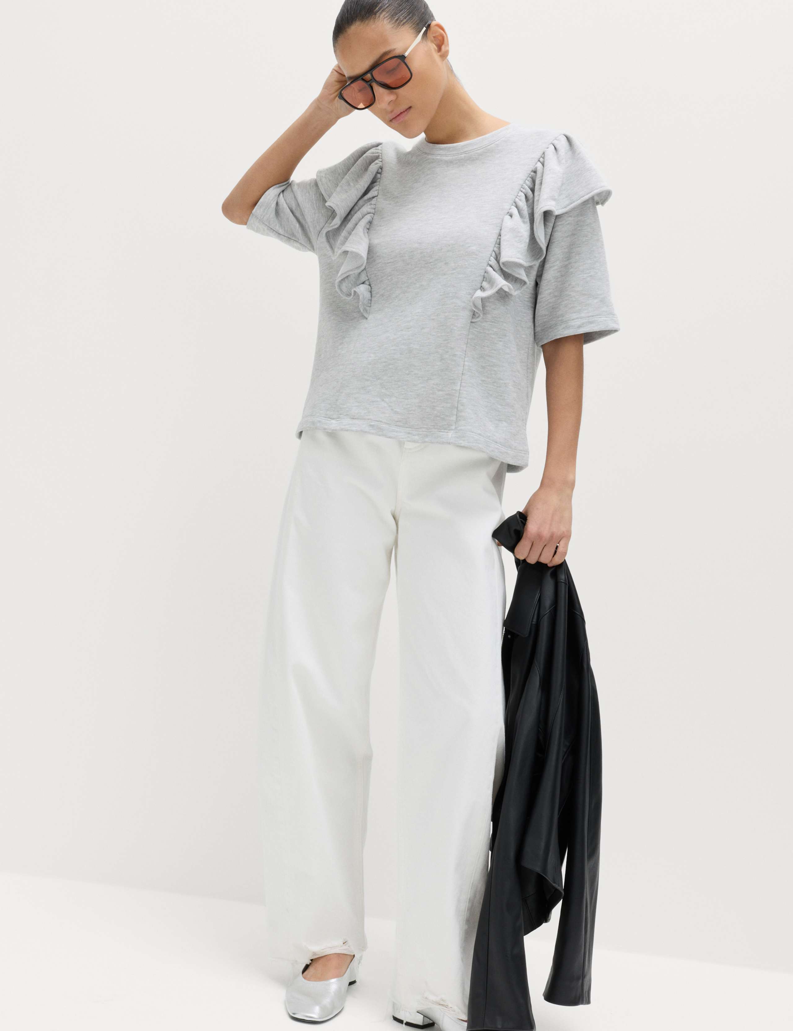 Cotton Blend Short Sleeve Frill Sweatshirt 6 of 7