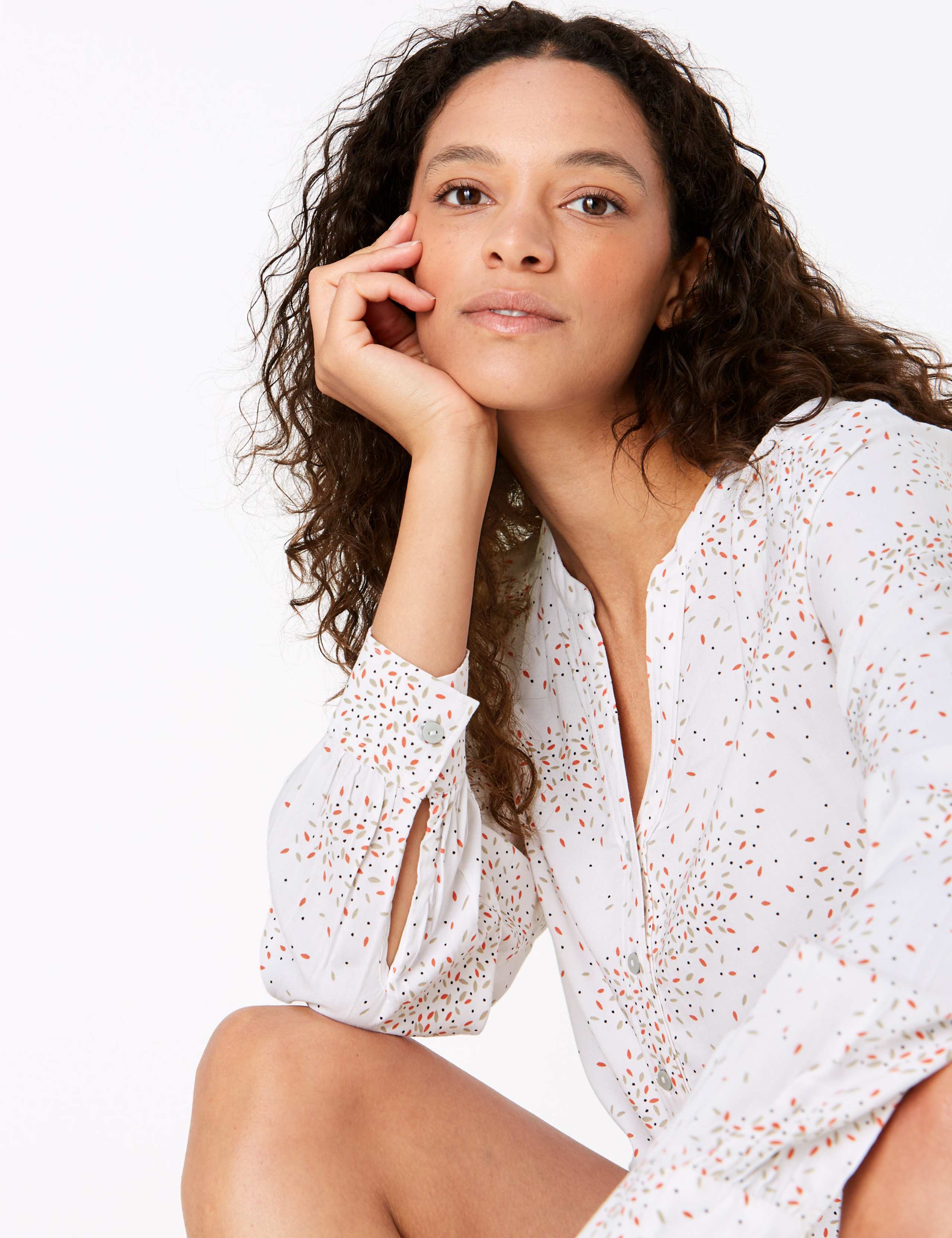 Printed V-Neck Long Sleeve Popover Blouse 1 of 4