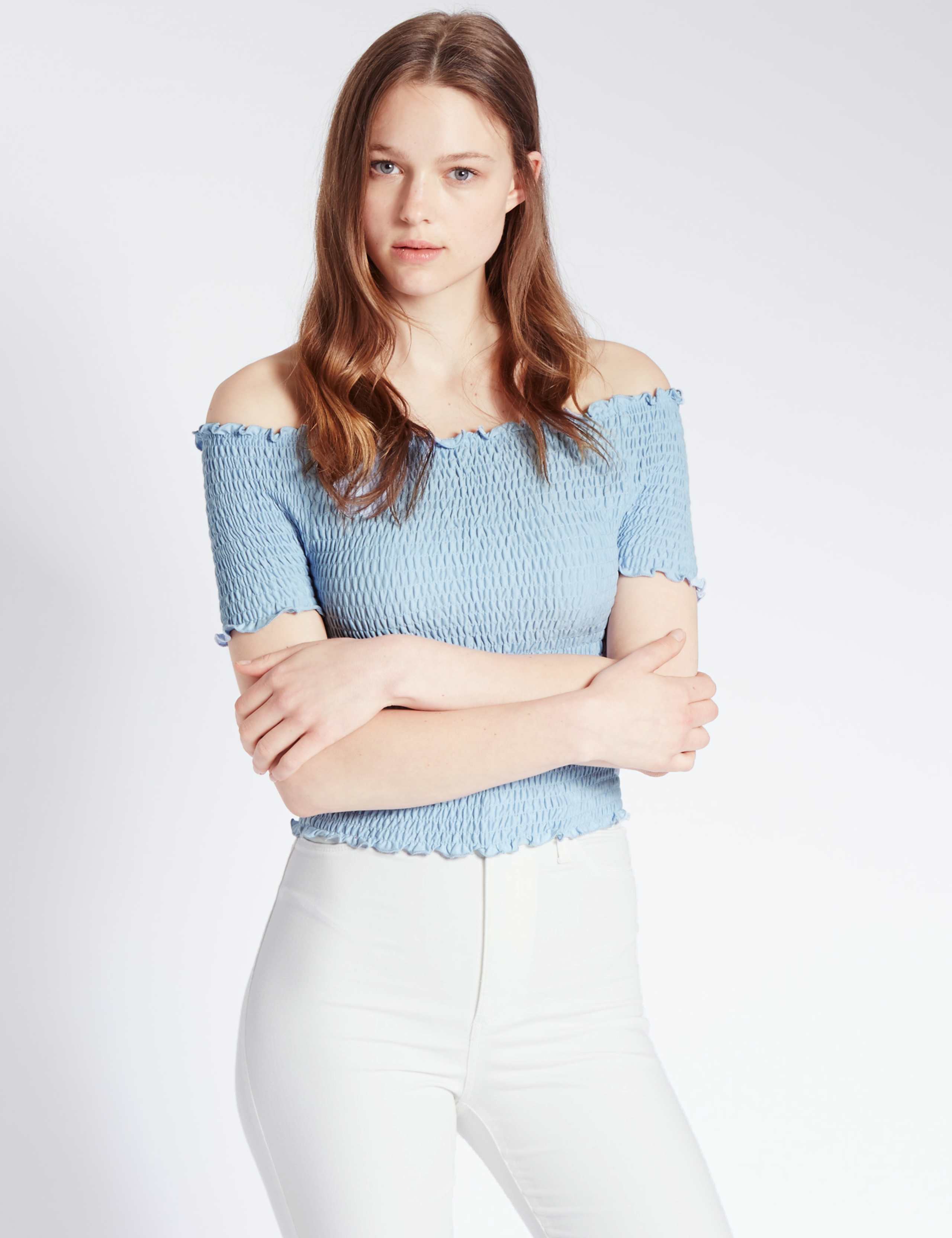 Cotton Rich Slim Fit Smocked Bardot Top 1 of 3