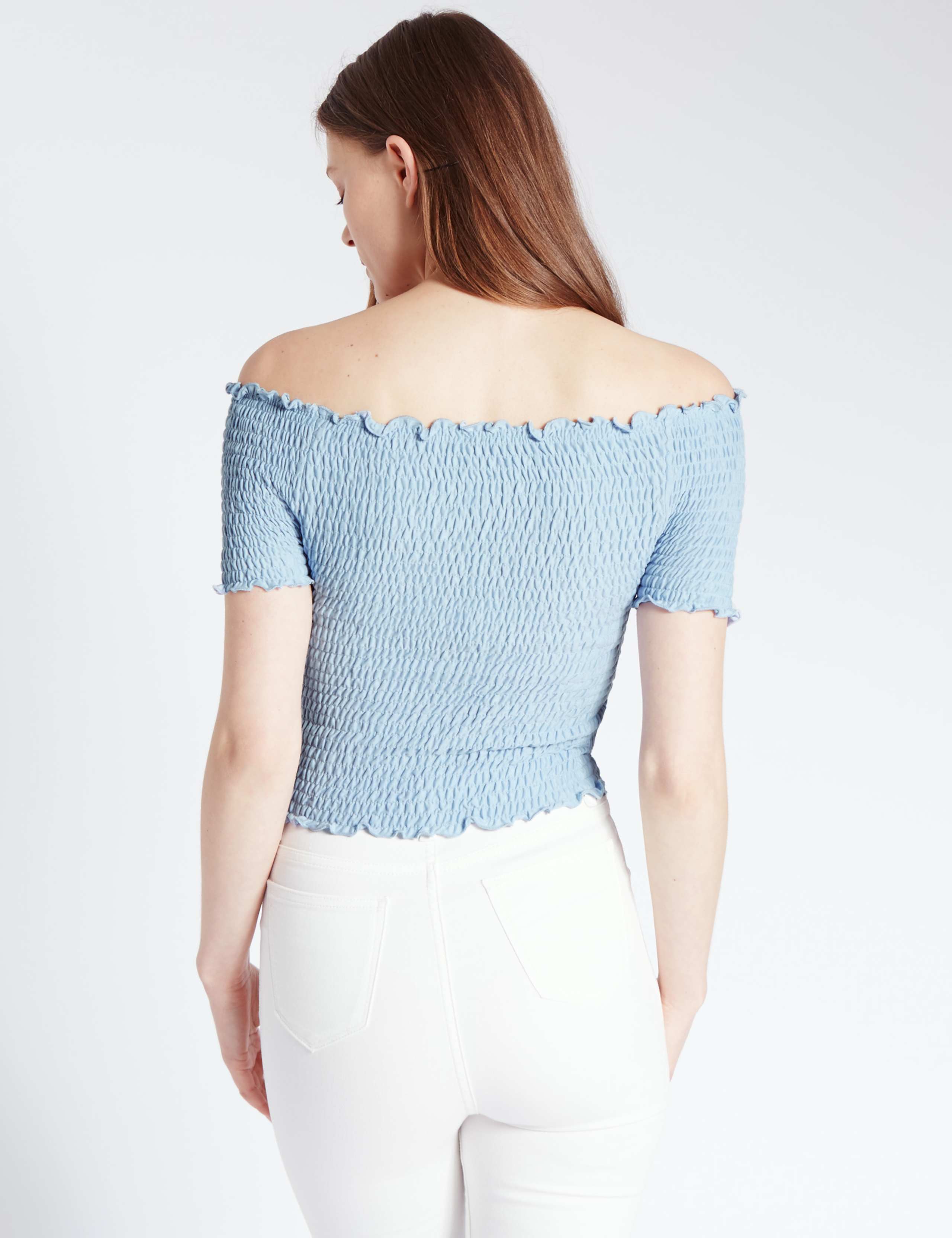 Cotton Rich Slim Fit Smocked Bardot Top 3 of 3