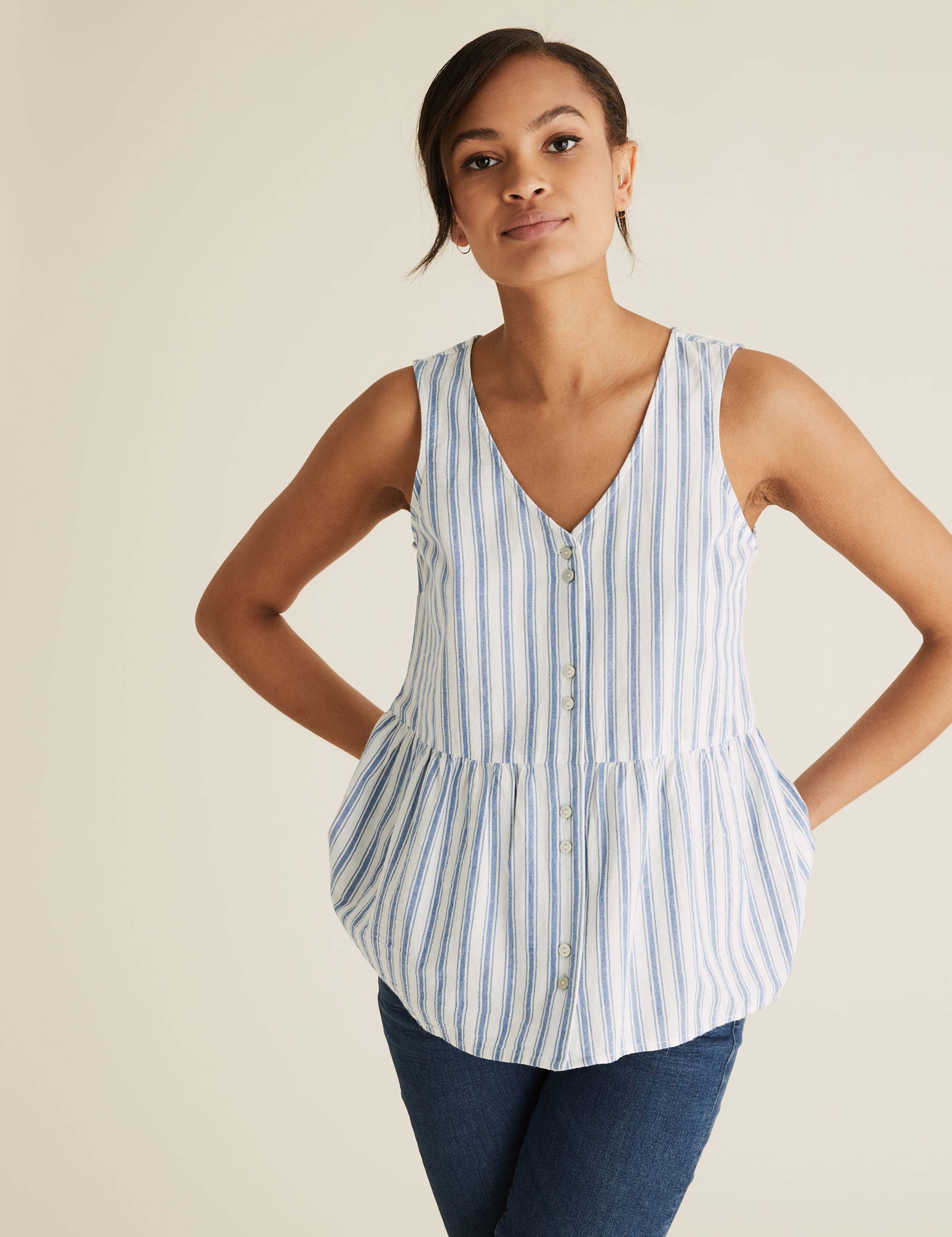 Pure Cotton Striped V-Neck Peplum Top 1 of 4