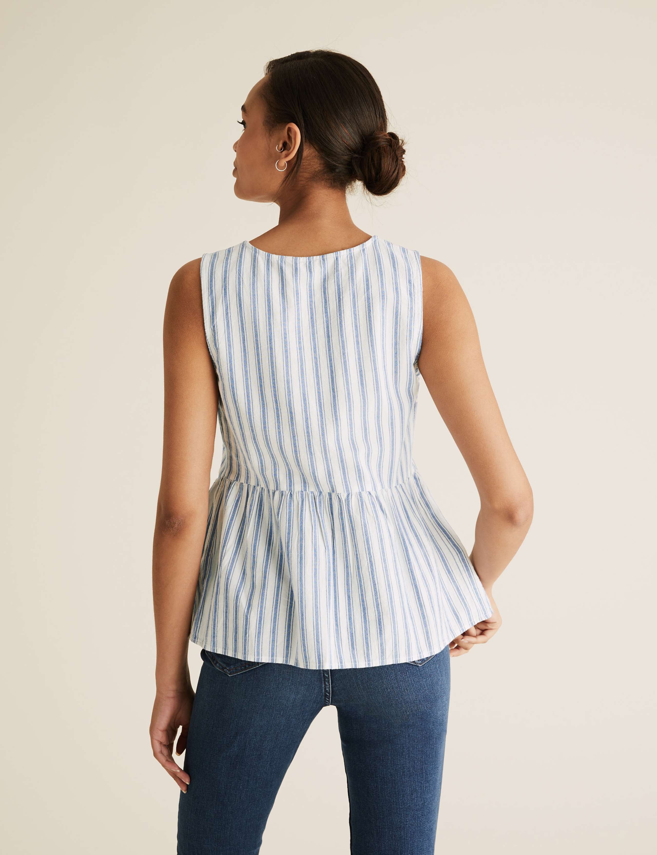 Pure Cotton Striped V-Neck Peplum Top 4 of 4