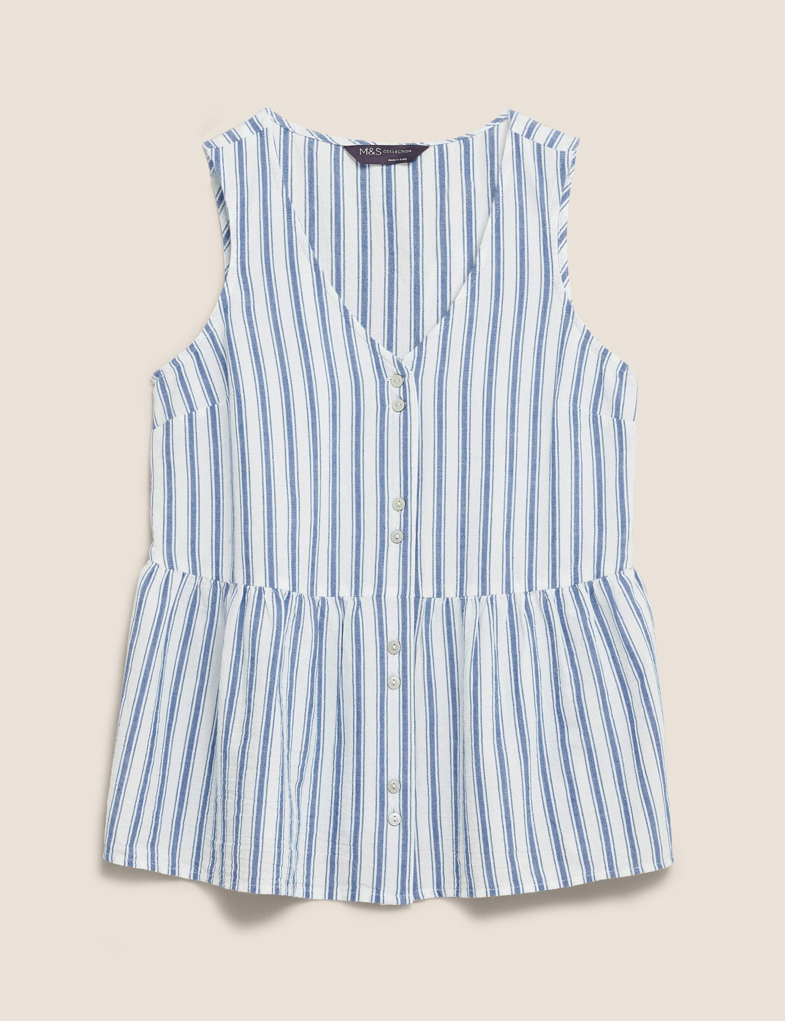 Pure Cotton Striped V-Neck Peplum Top 2 of 4