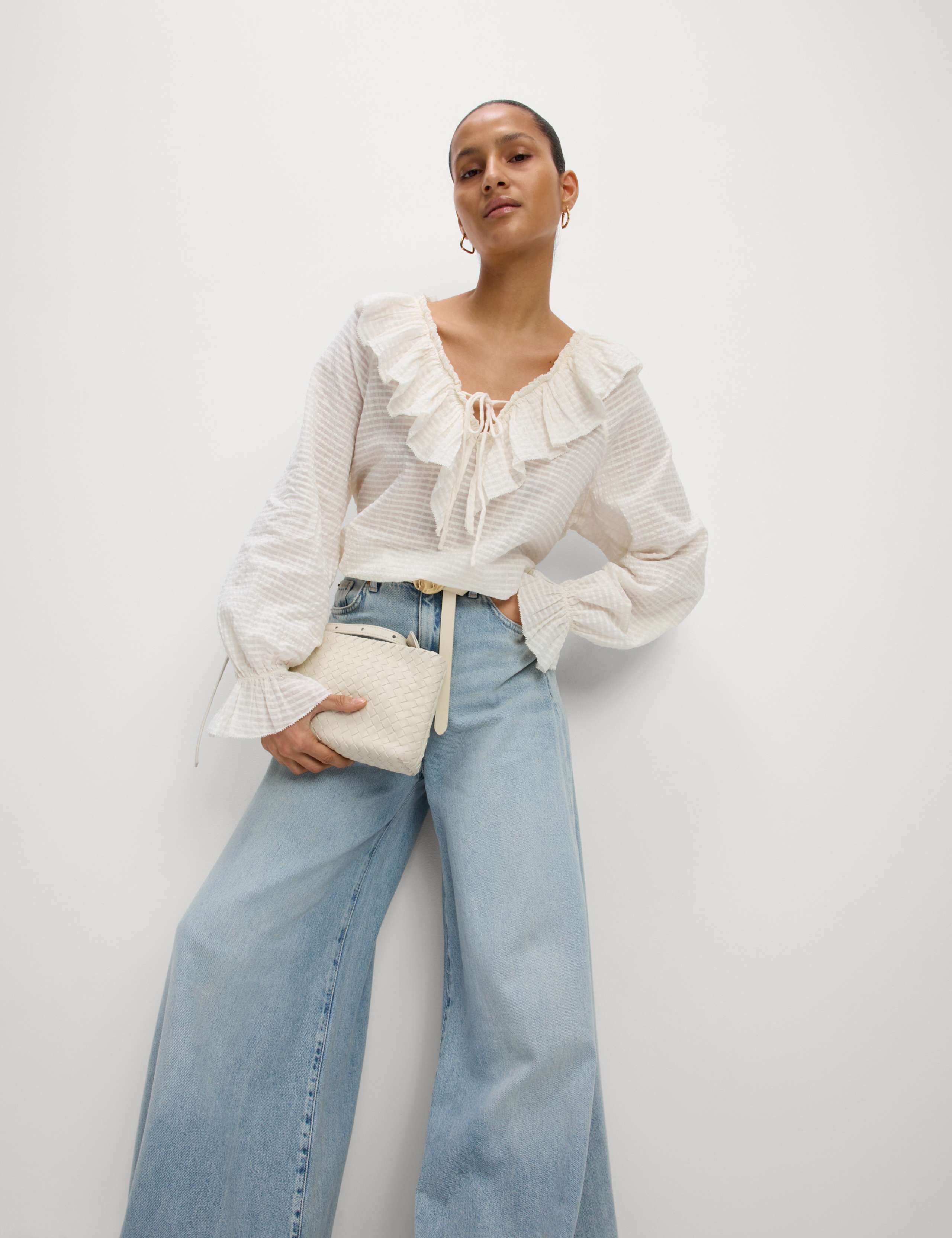 Pure Cotton Textured V-Neck Ruffle Blouse 3 of 5