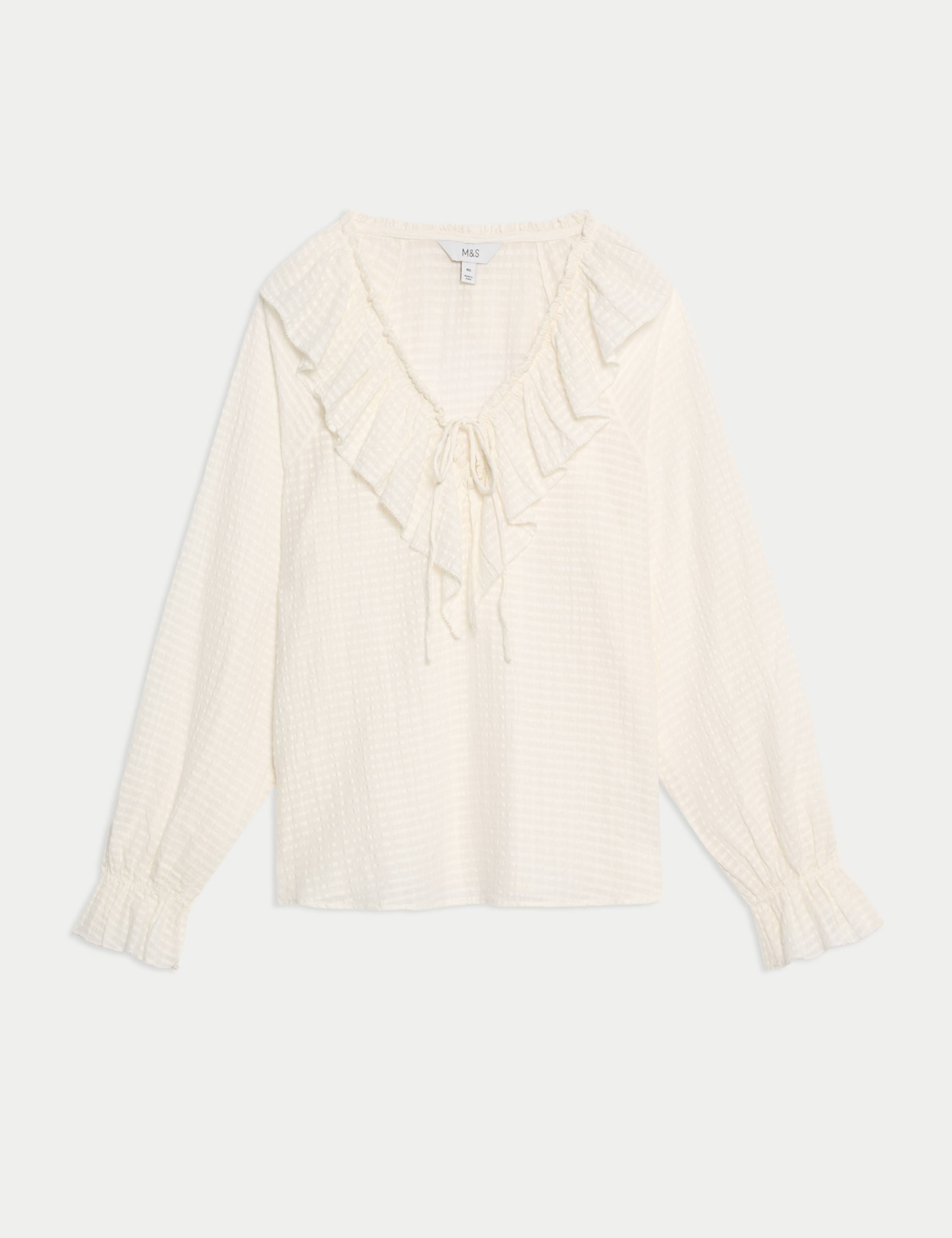 Pure Cotton Textured V-Neck Ruffle Blouse 2 of 5
