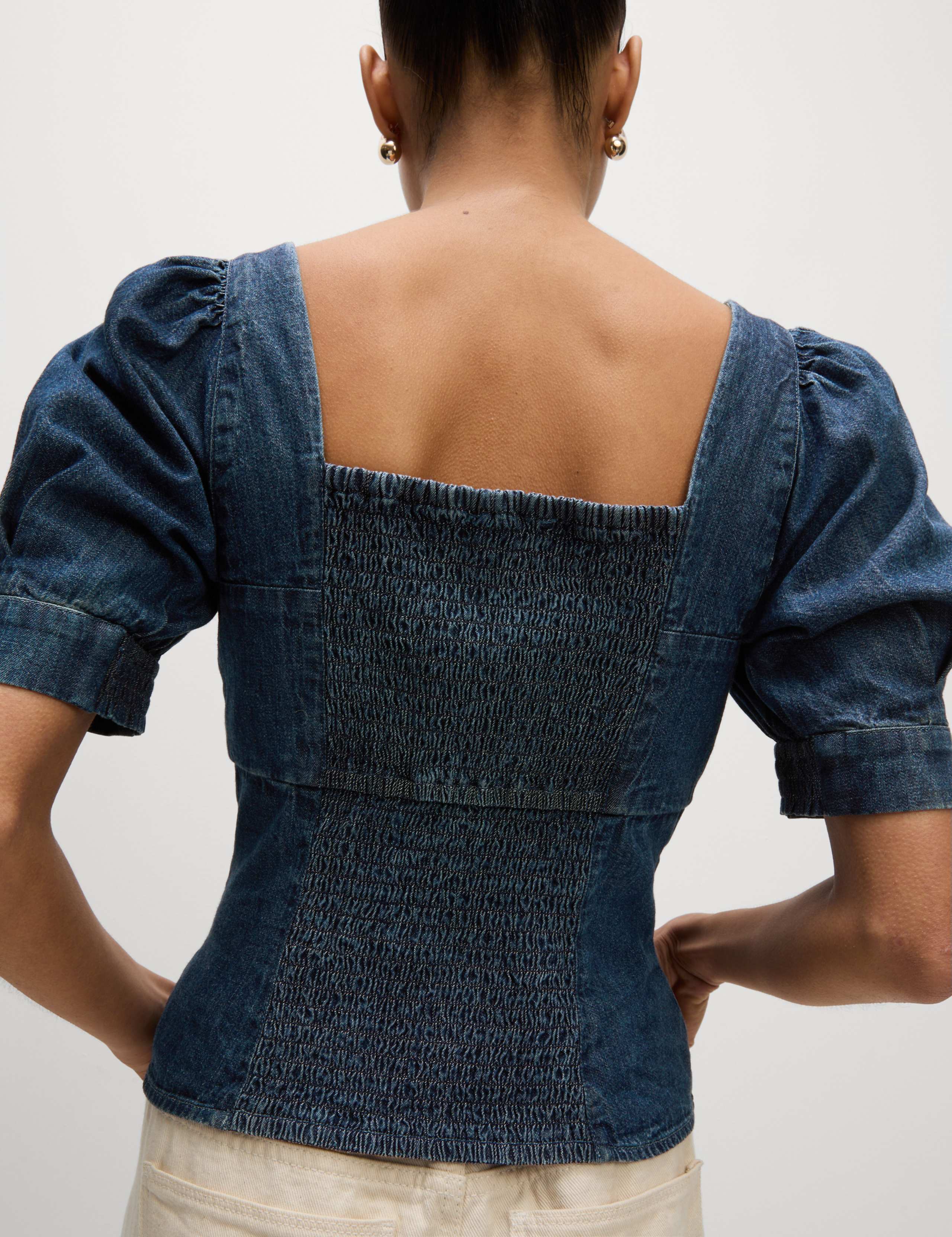 Pure Cotton Denim Square Neck Slim Fit Top 1 of 5