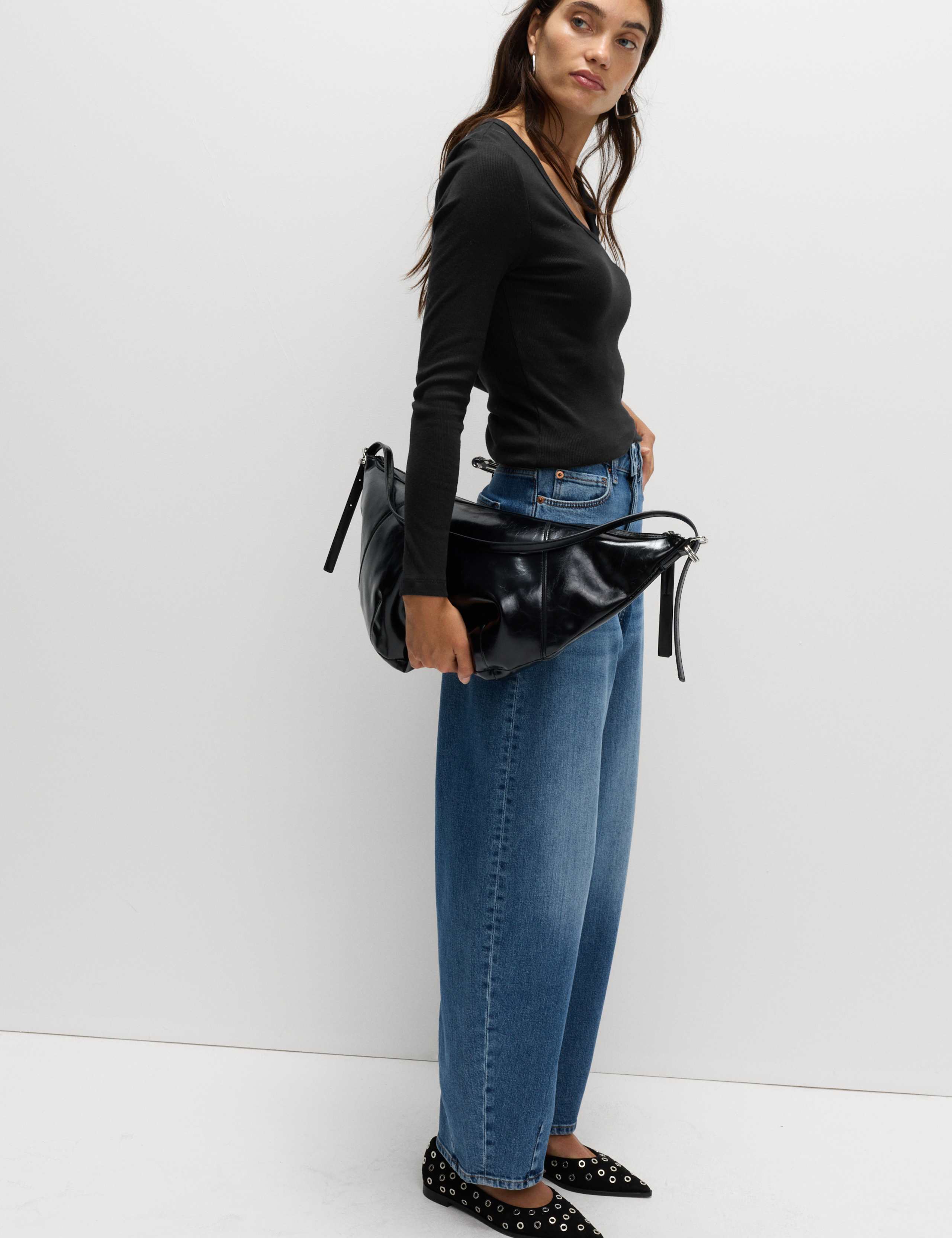 Cotton Rich Ribbed Plain V-Neck Slim Fit Top 4 of 5