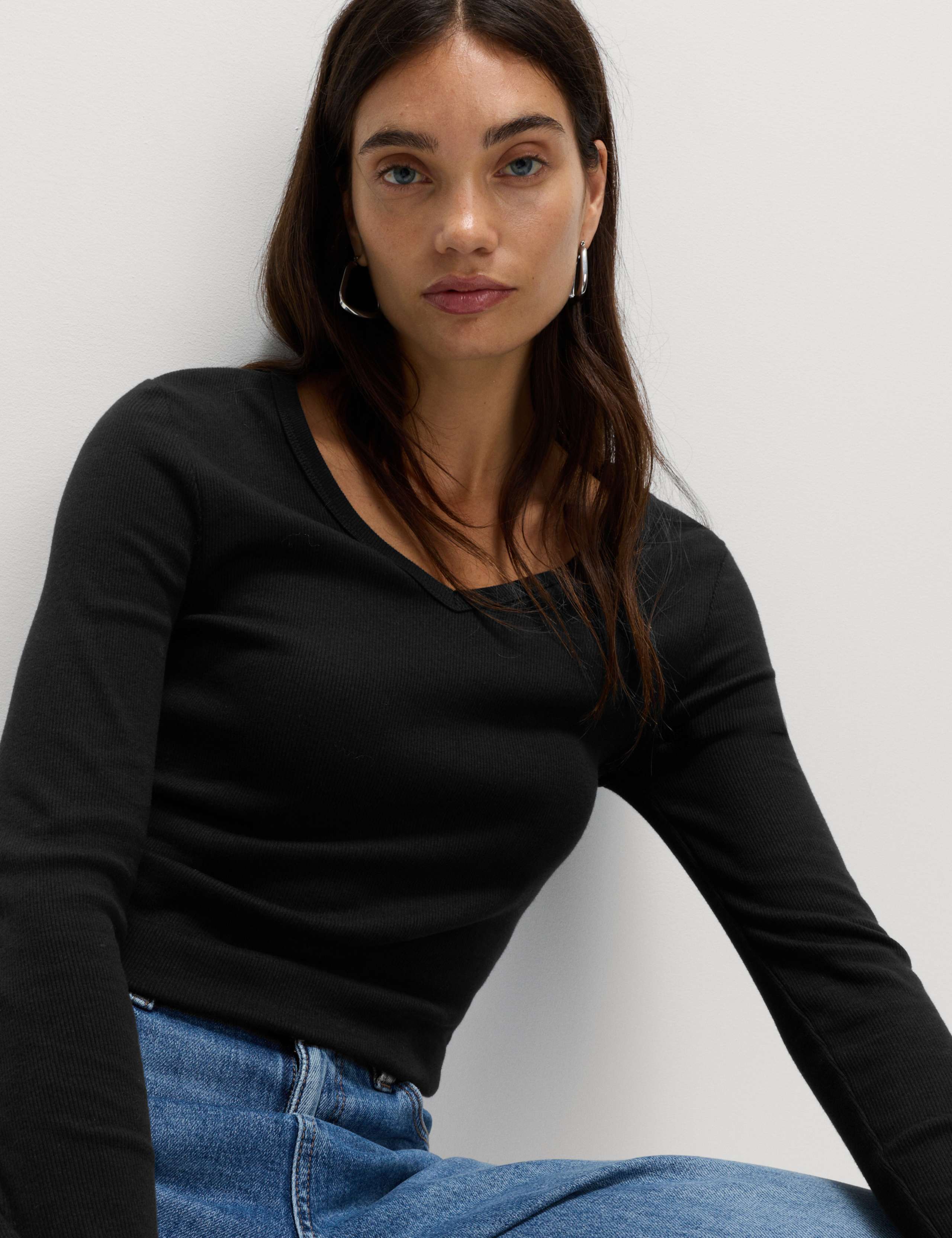 Cotton Rich Ribbed Plain V-Neck Slim Fit Top 5 of 5