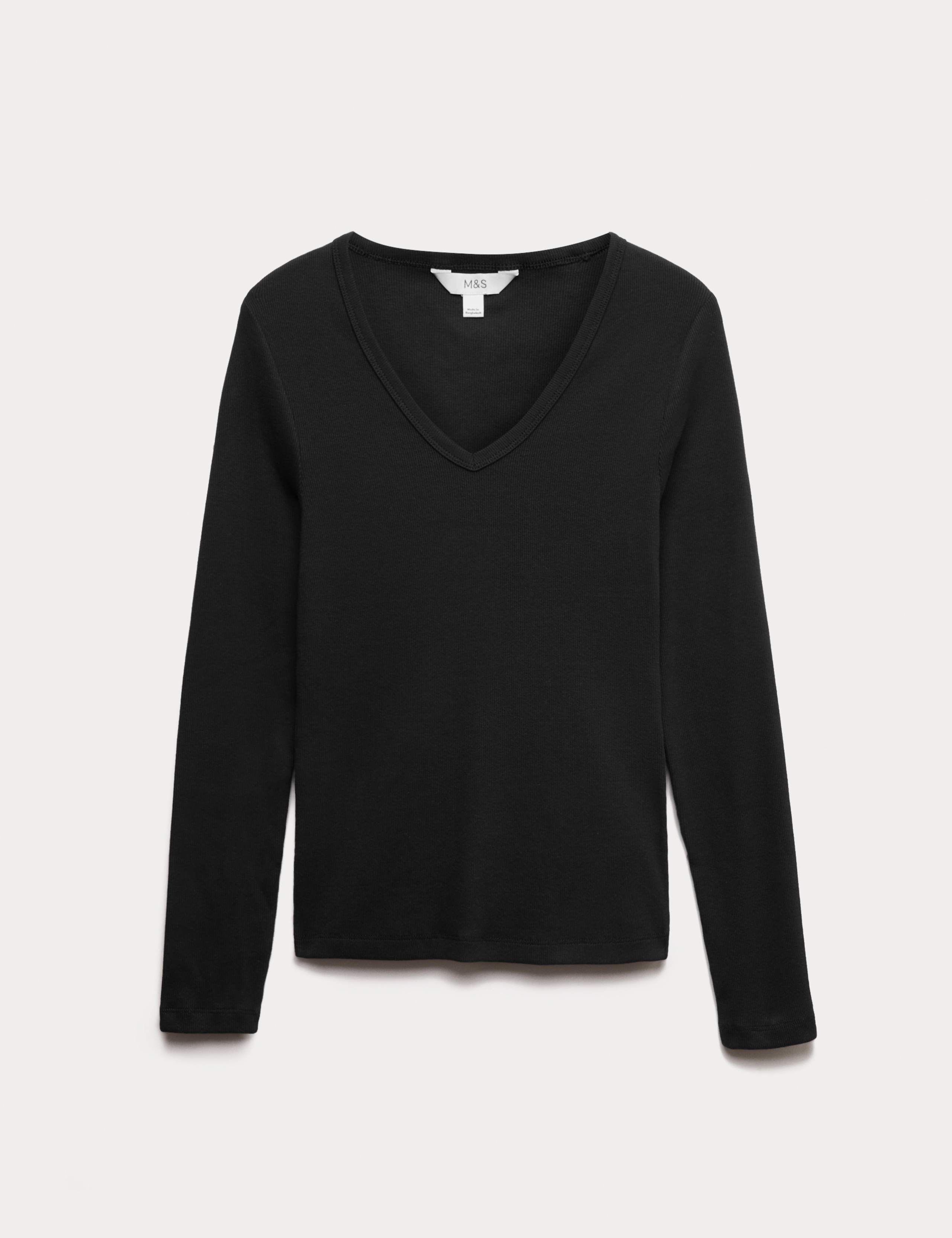 Cotton Rich Ribbed Plain V-Neck Slim Fit Top 2 of 5