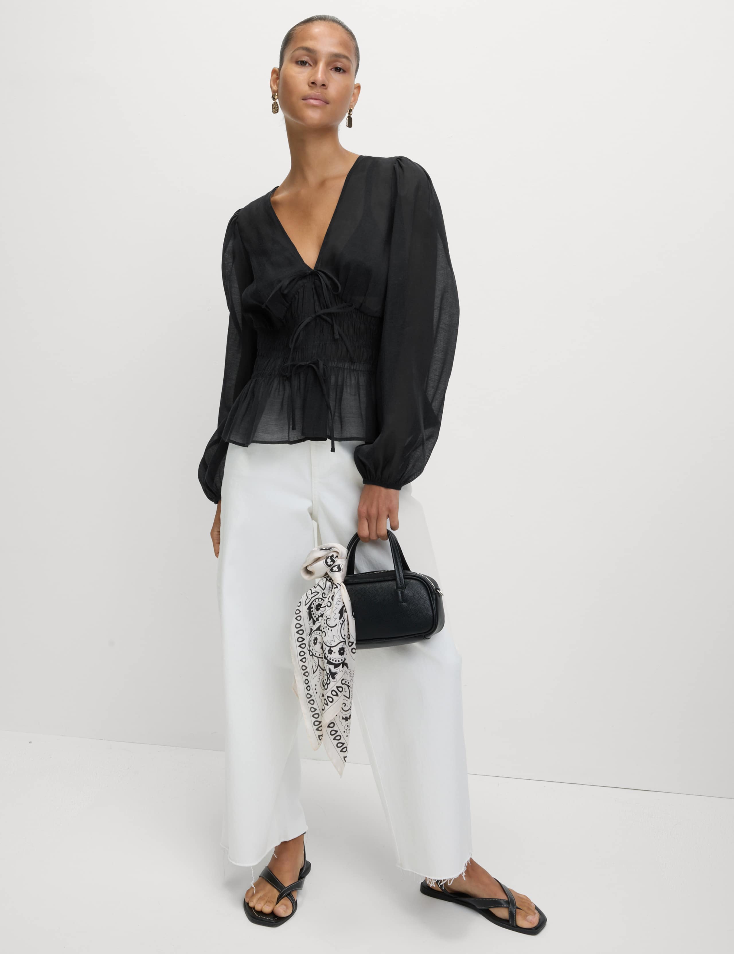 Lyocell Rich V-Neck Shirred Blouse 3 of 6