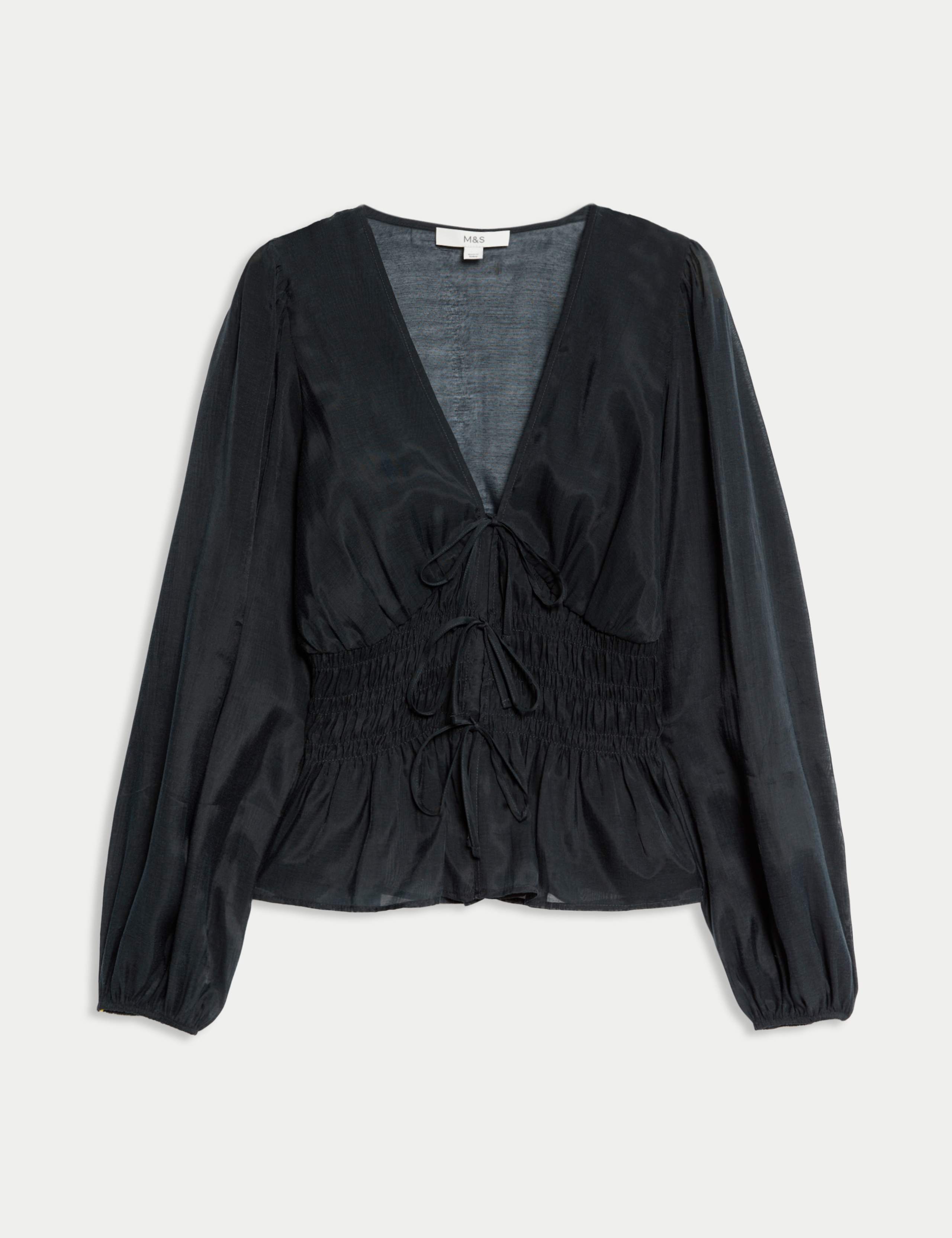 Lyocell Rich V-Neck Shirred Blouse 2 of 6