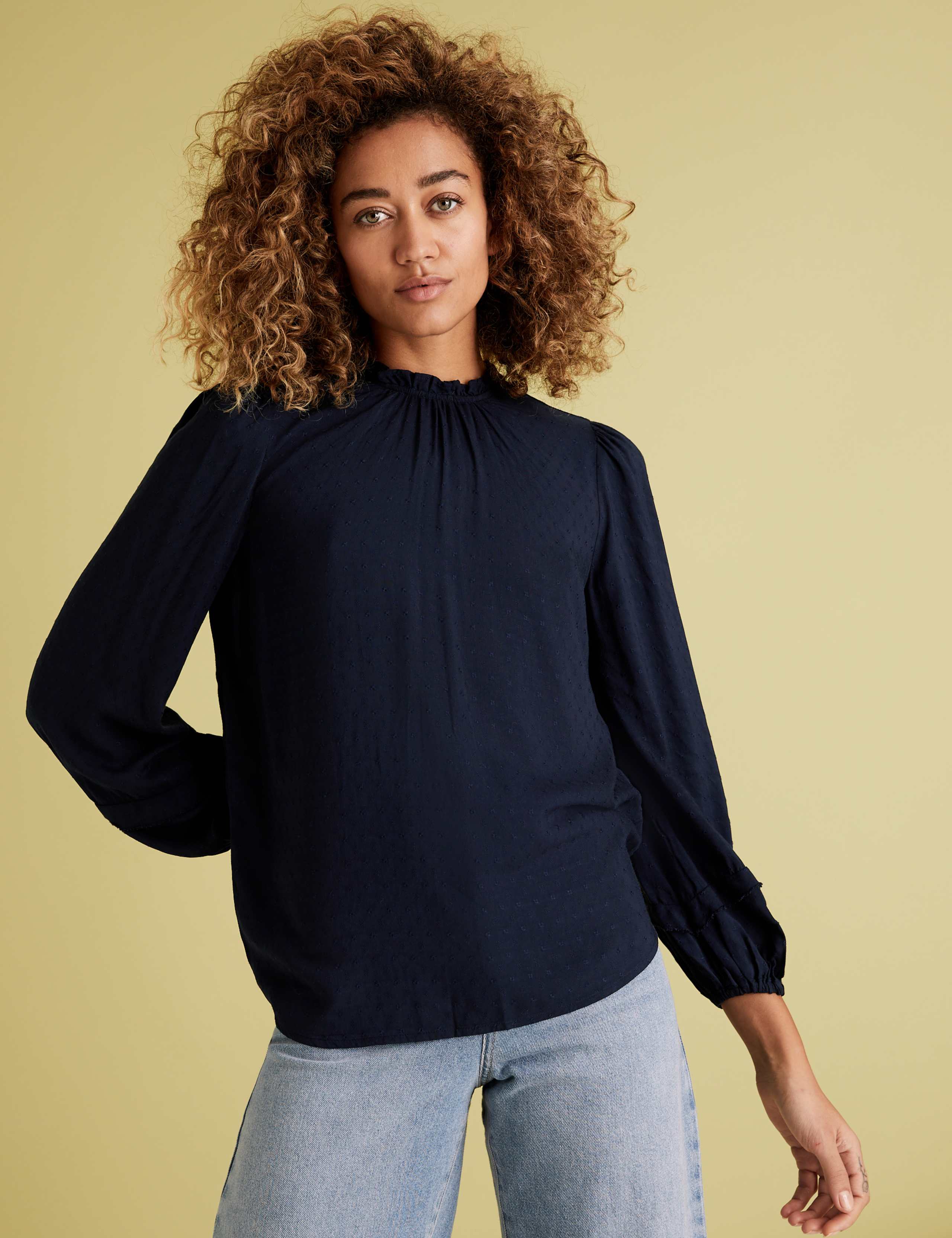 Textured Frill Neck Long Sleeve Blouse 1 of 4