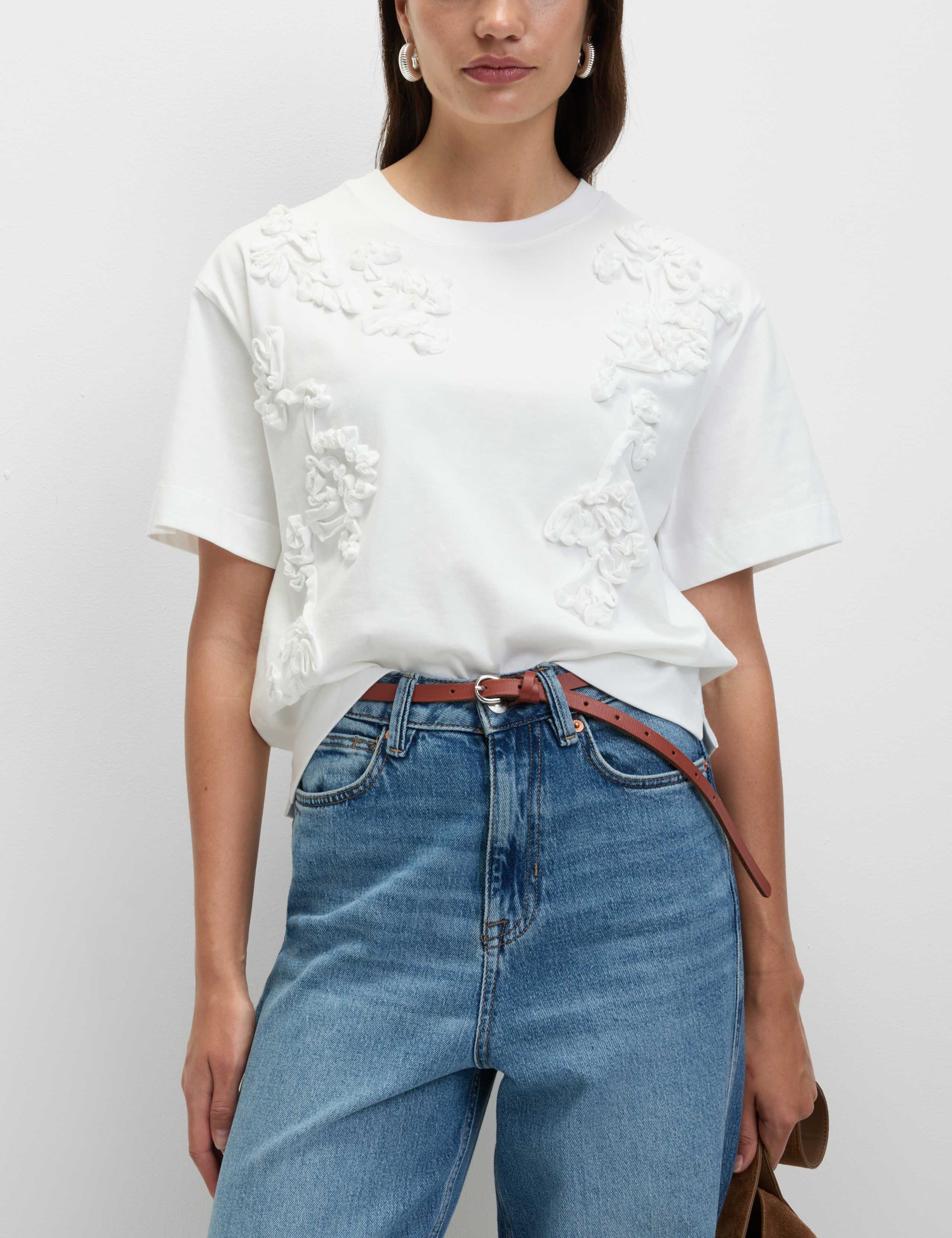 Pure Cotton Ribbon Appliqué Crew Neck T-Shirt 1 of 4
