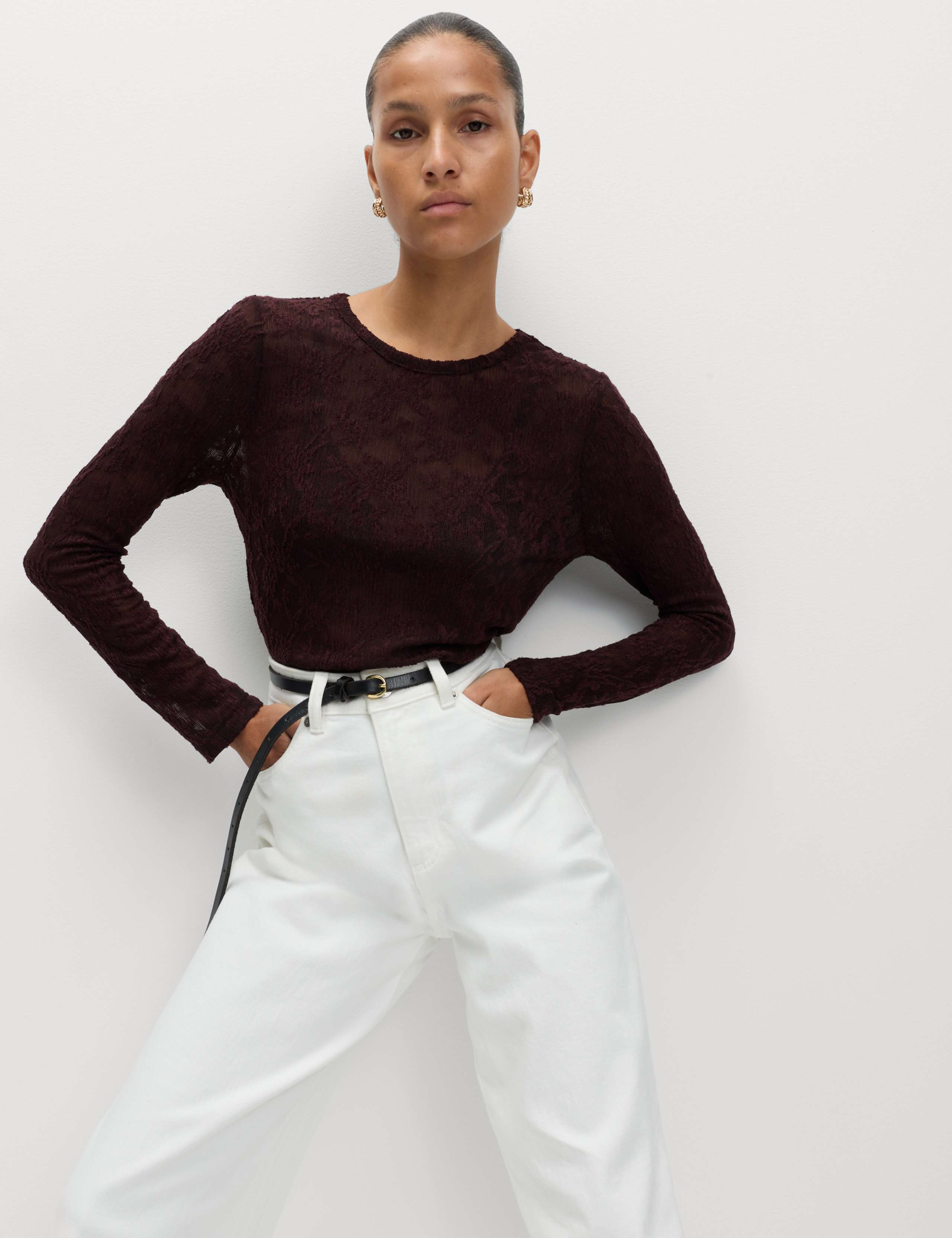 Long Sleeve Floral Mesh Slash Neck Top 1 of 6