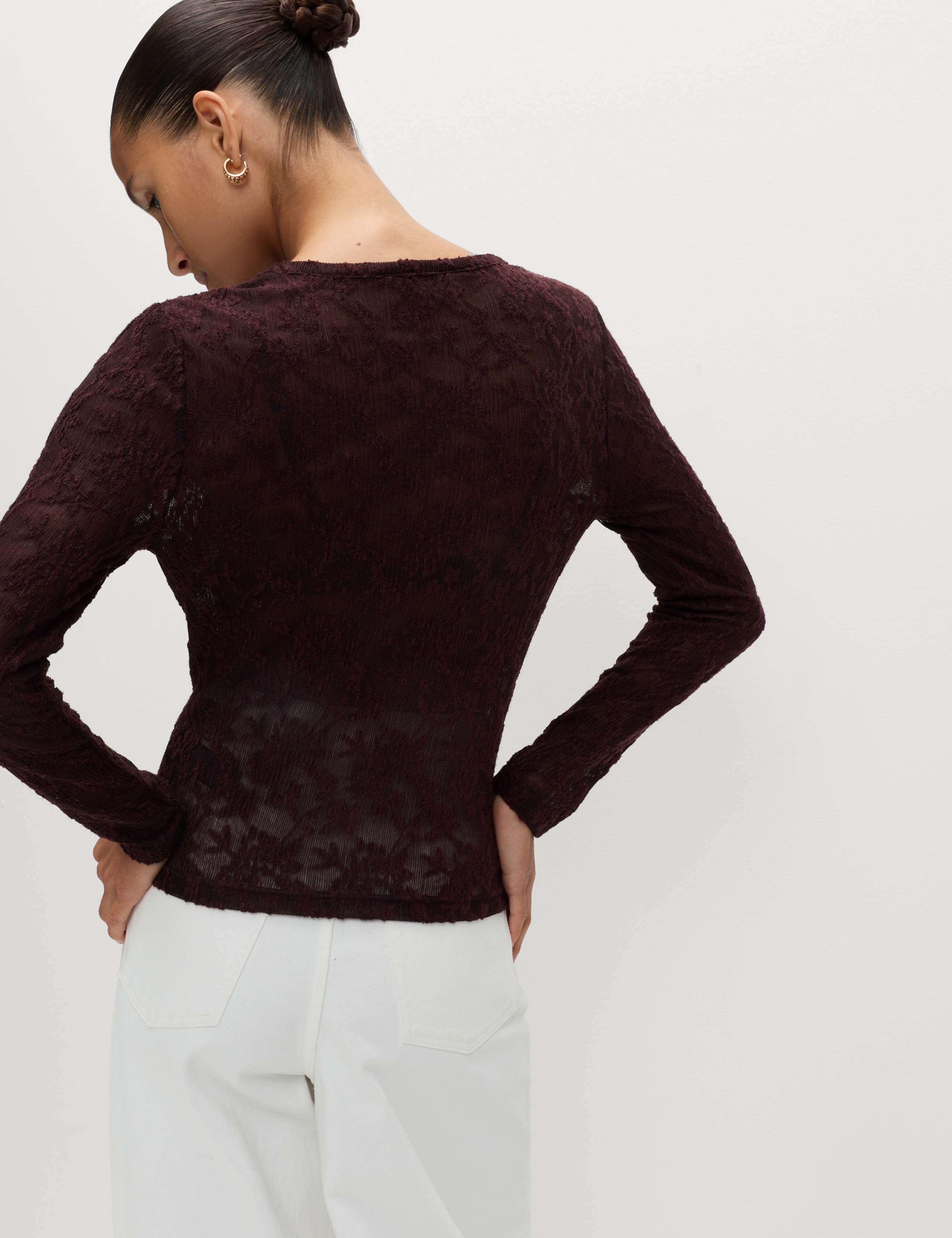 Long Sleeve Floral Mesh Slash Neck Top 4 of 6