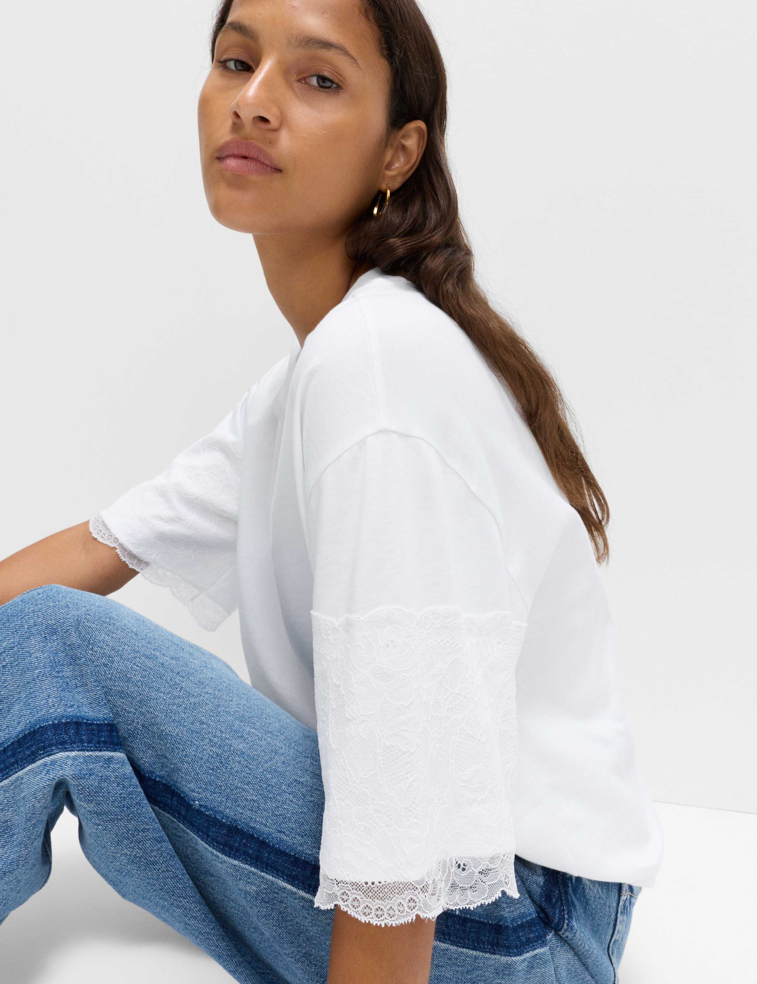 Pure Cotton Lace Sleeve T-Shirt 5 of 5