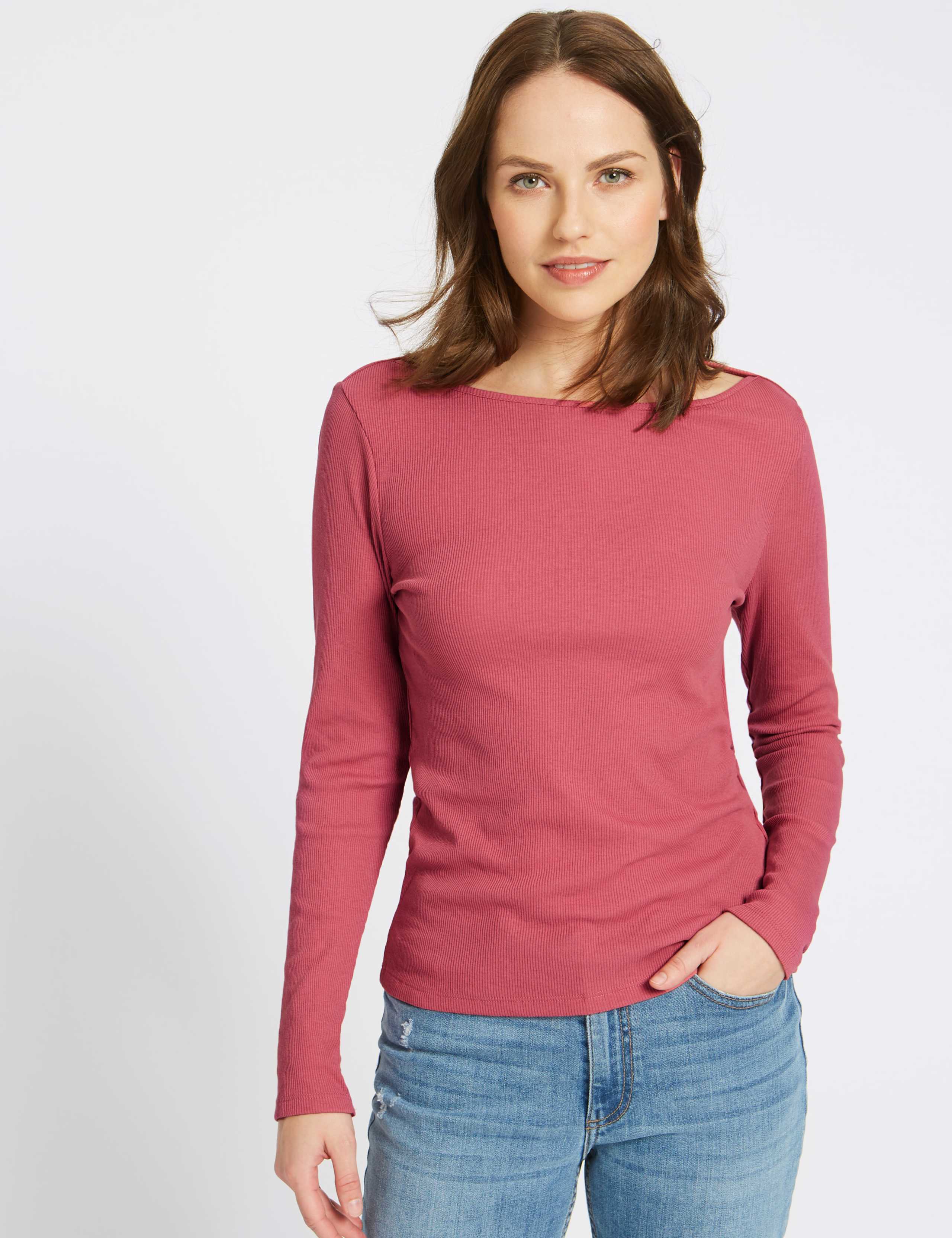Cotton Blend Slash Neck Long Sleeve T-Shirt 1 of 4