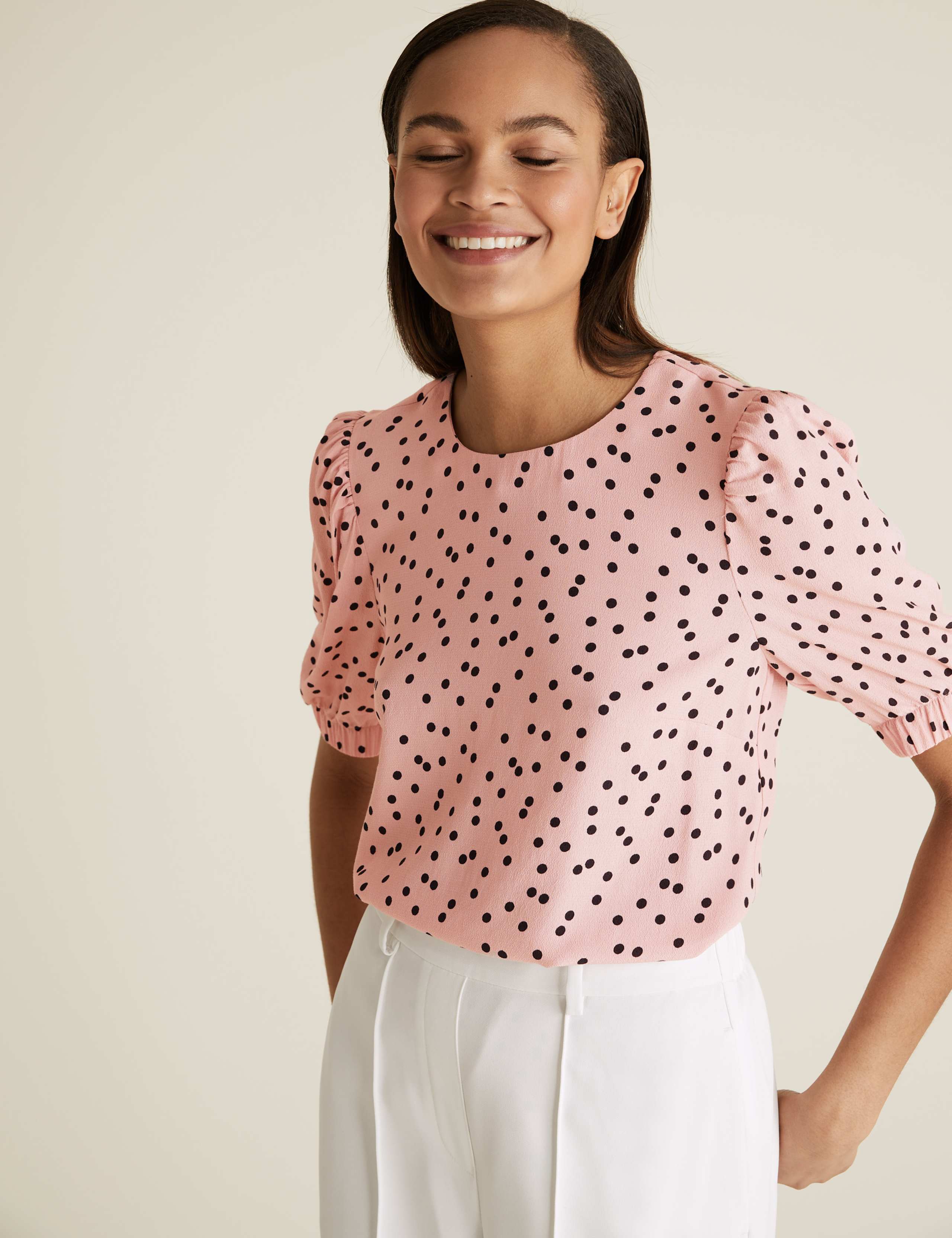 Polka Dot Round Neck Puff Sleeve Top 1 of 4