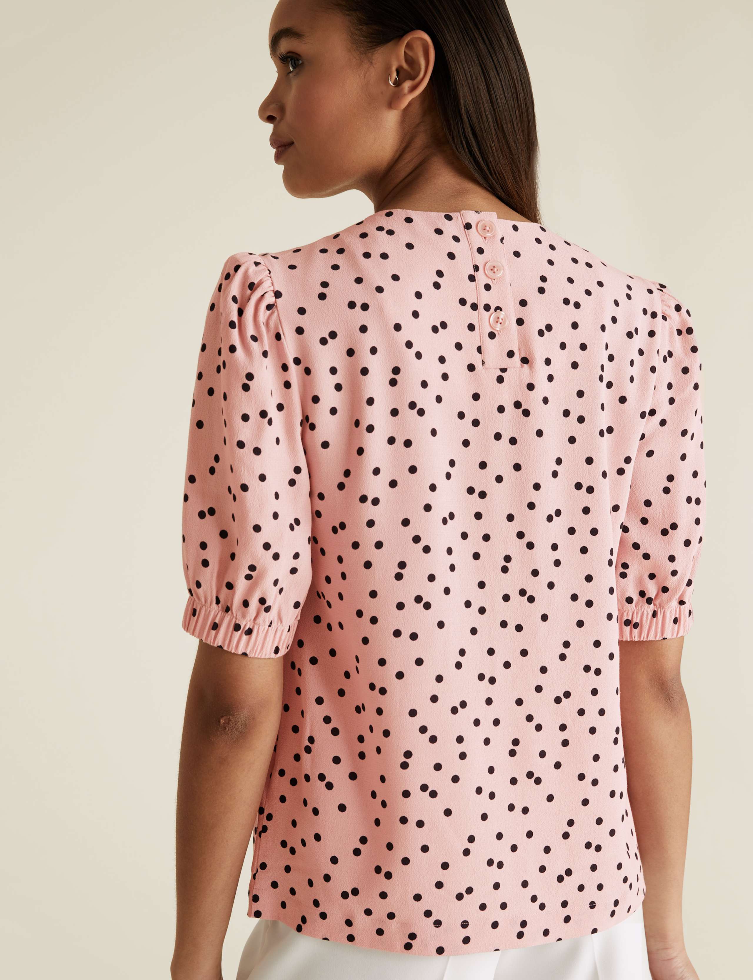 Polka Dot Round Neck Puff Sleeve Top 3 of 4