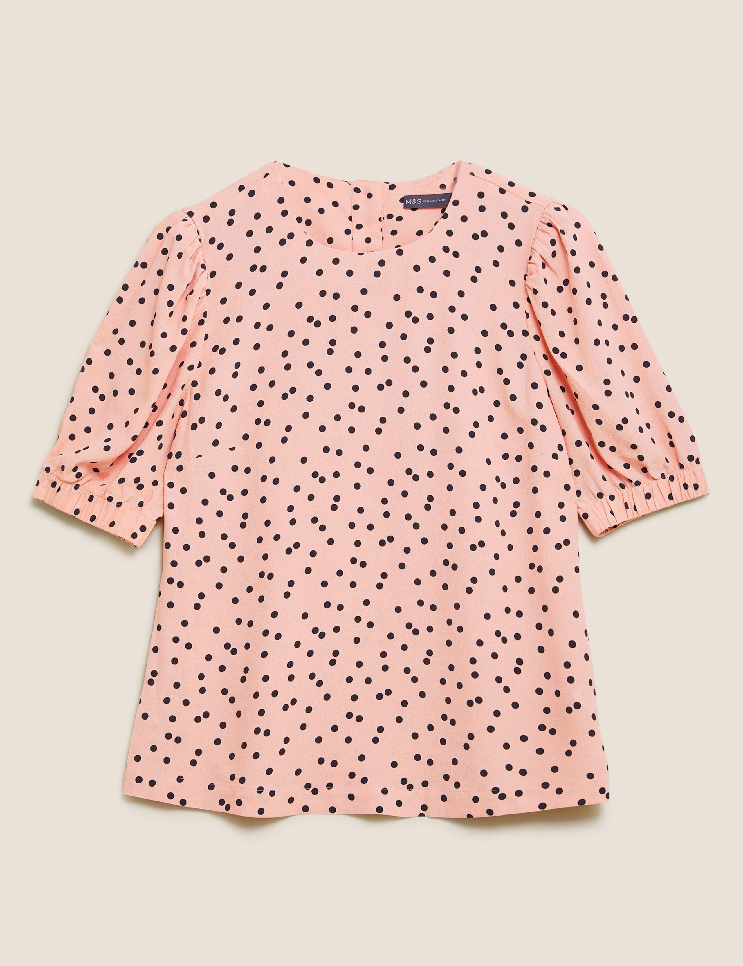 Polka Dot Round Neck Puff Sleeve Top 2 of 4