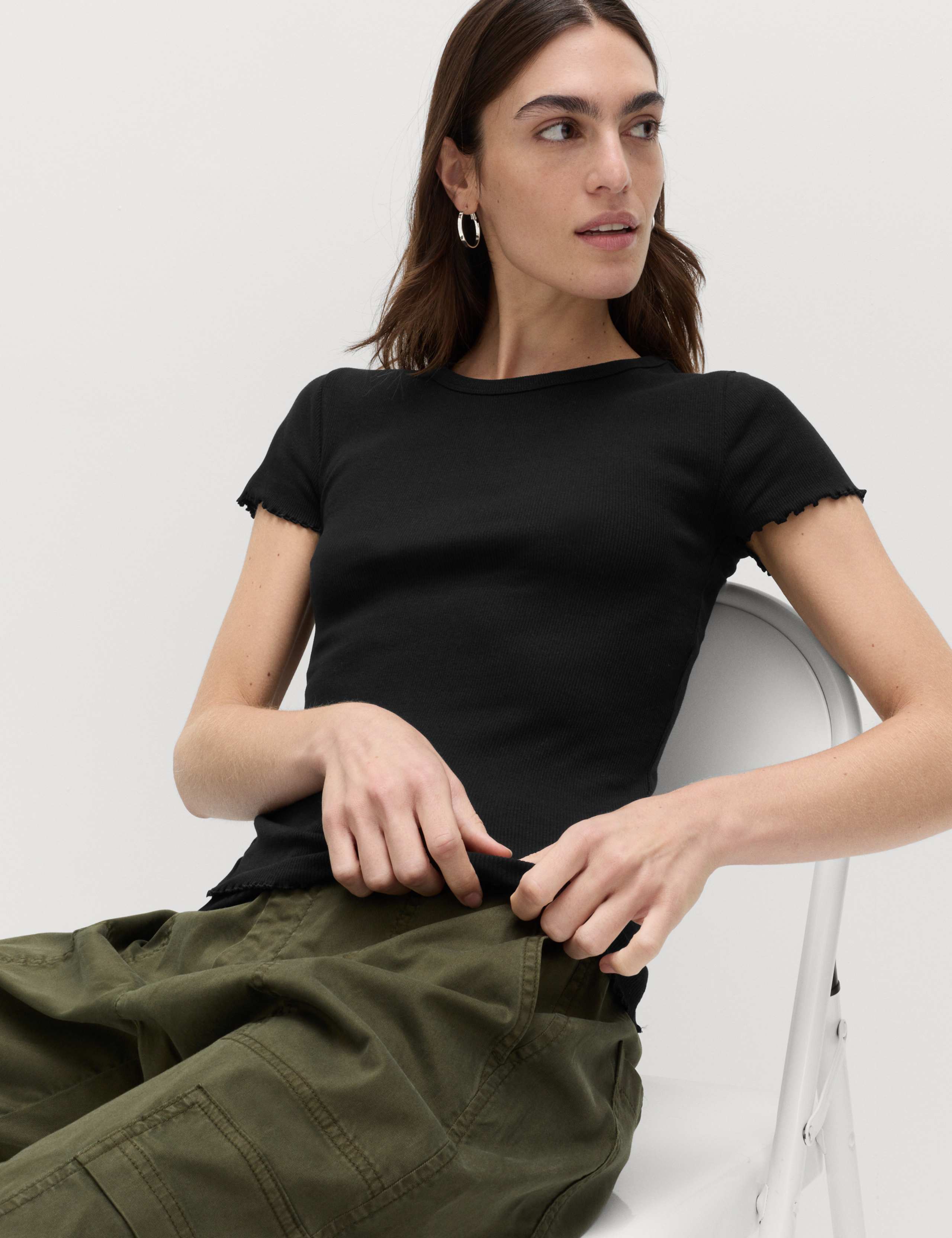 Cotton Rich Ribbed Lettuce Edge T-Shirt 1 of 4