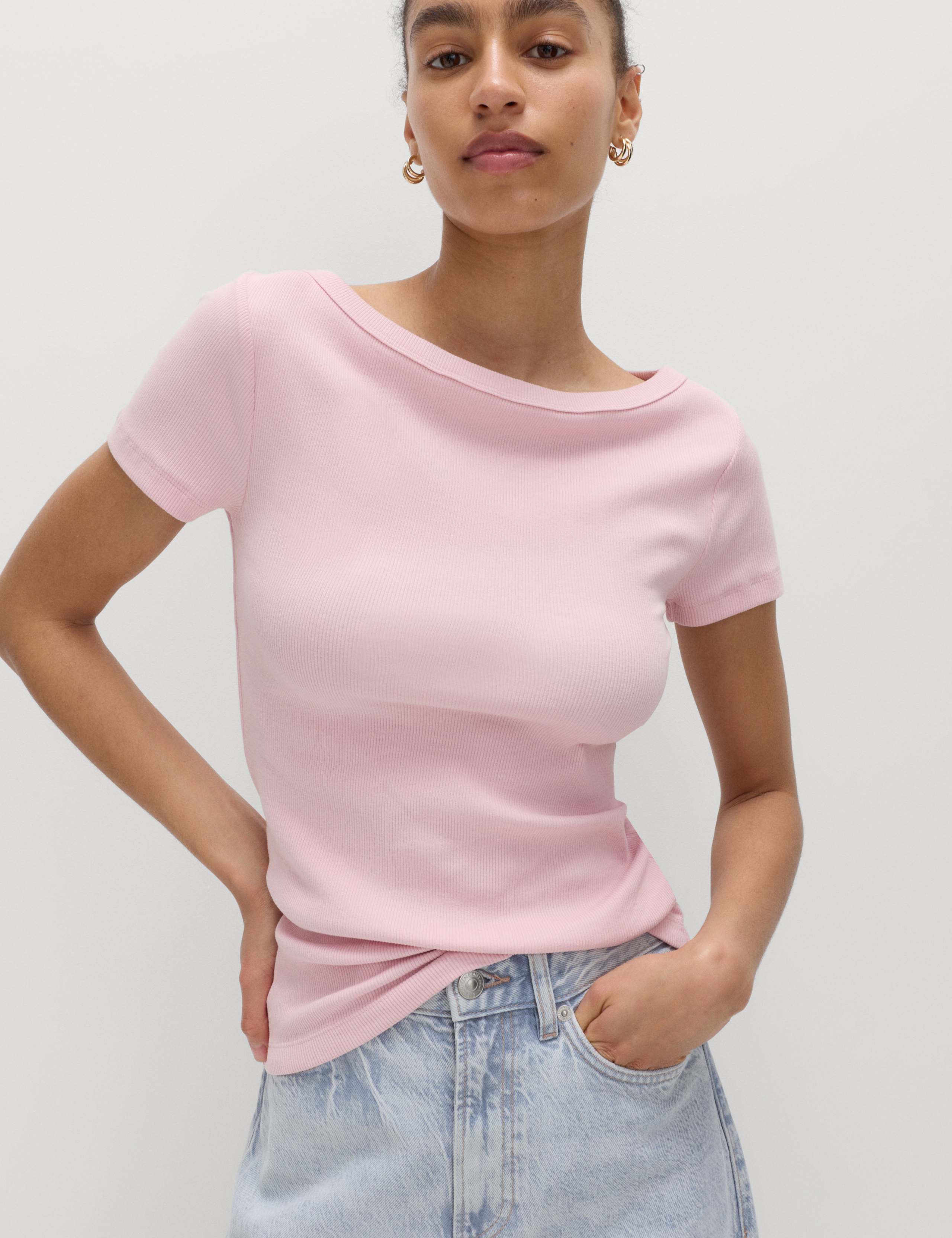 Cotton Rich Ribbed Slash Neck T-Shirt 1 of 5