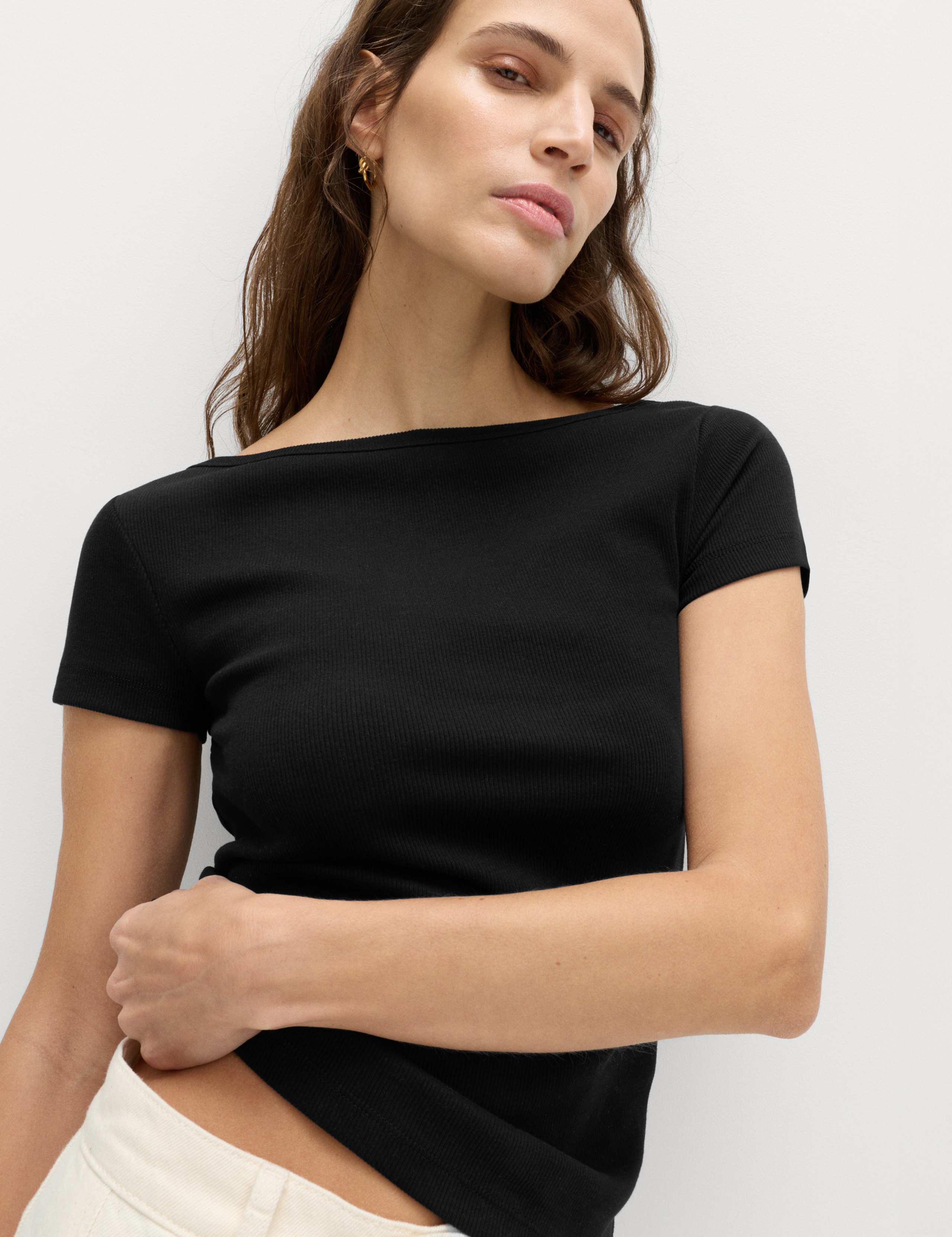 Cotton Rich Ribbed Slash Neck T-Shirt 1 of 4
