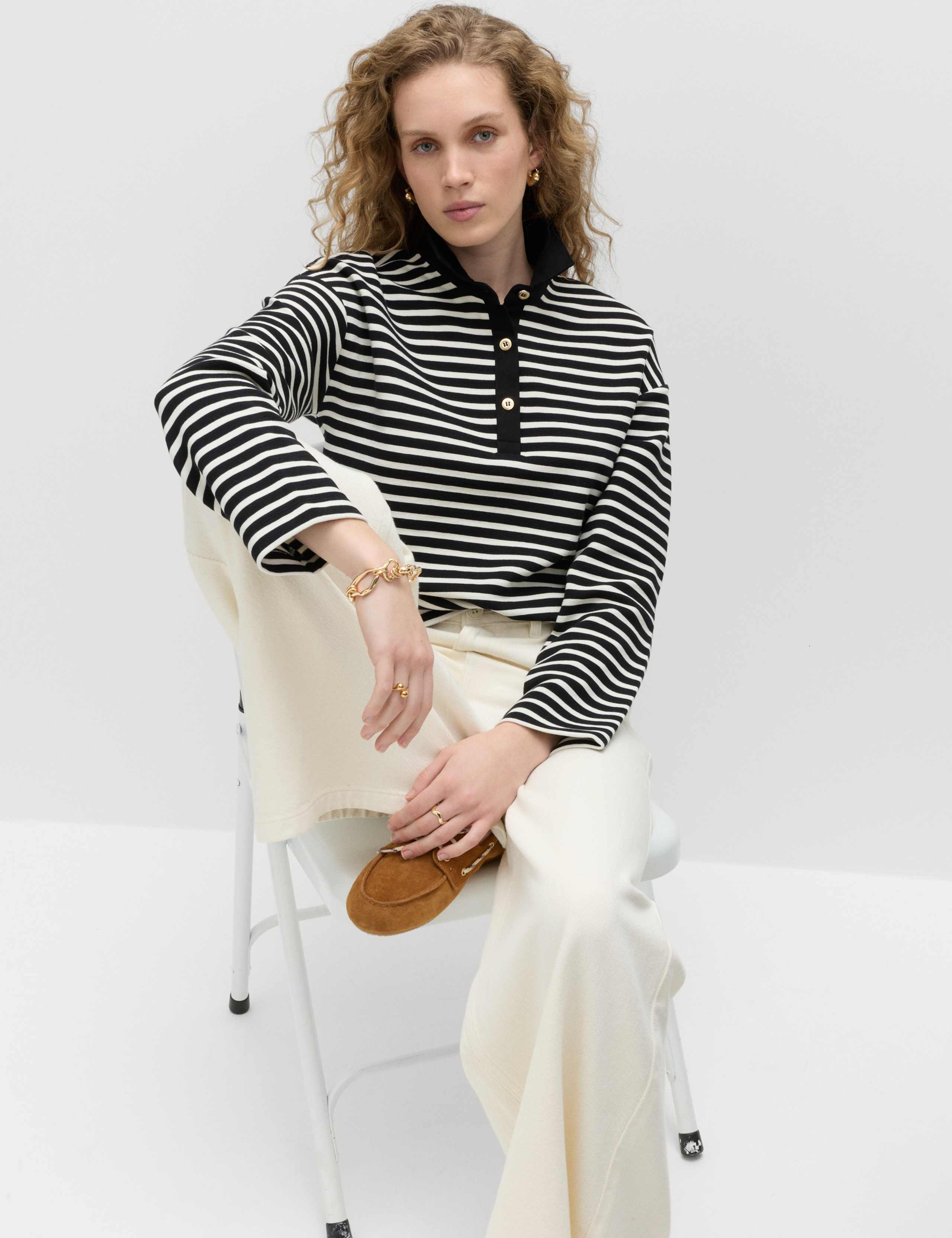 Striped Collared Gold Button Rugby Polo Top 5 of 5