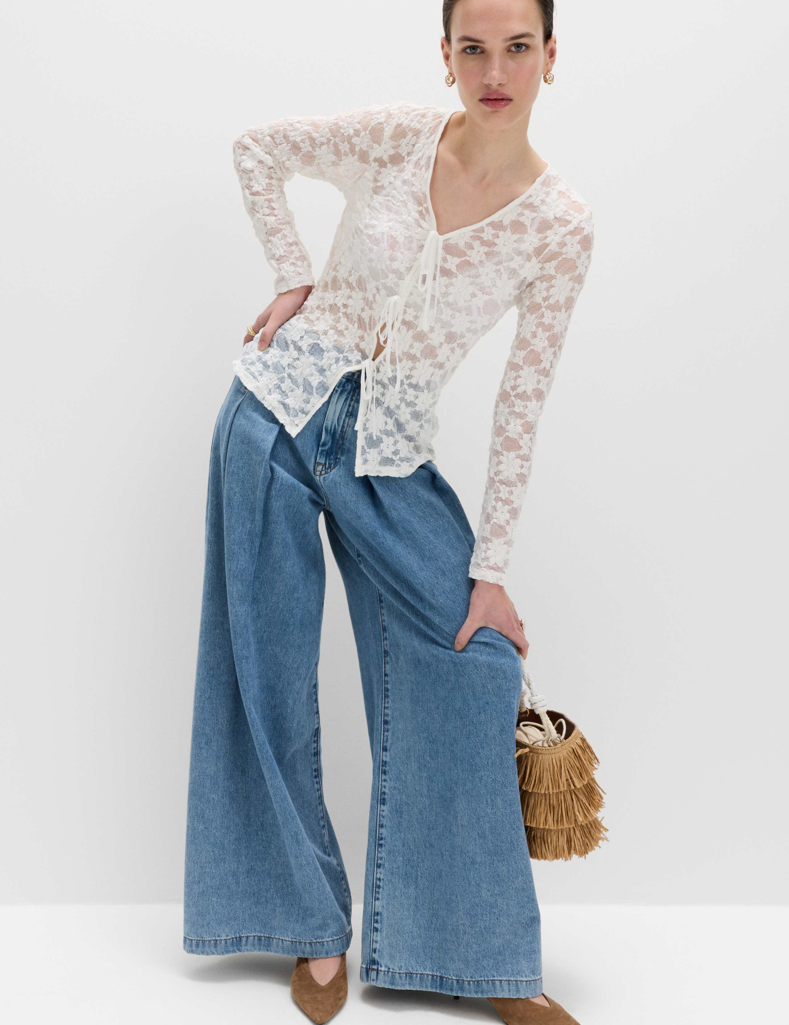 Cotton Blend Floral Lace Tie Front Top 1 of 7