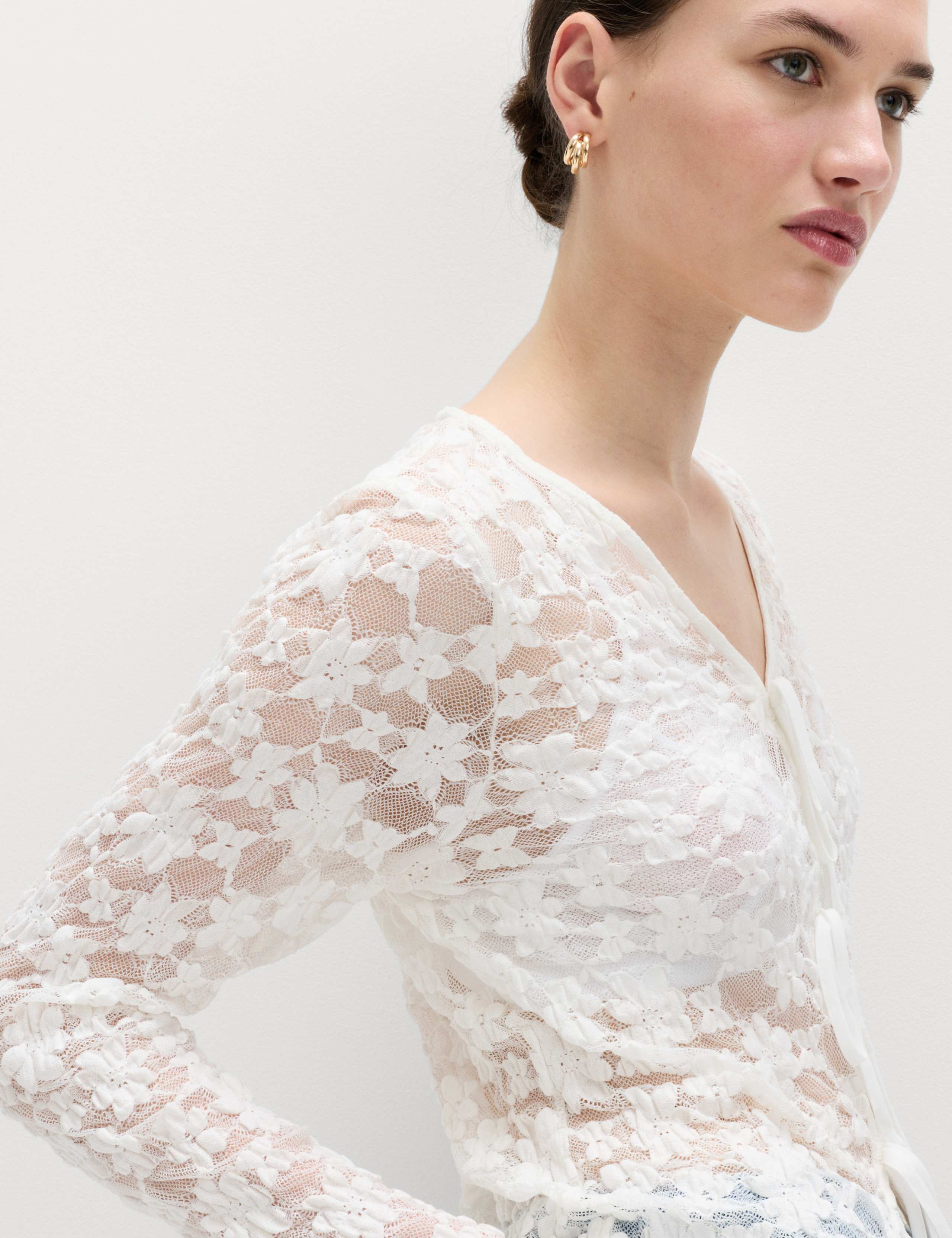 Cotton Blend Floral Lace Tie Front Top 3 of 7