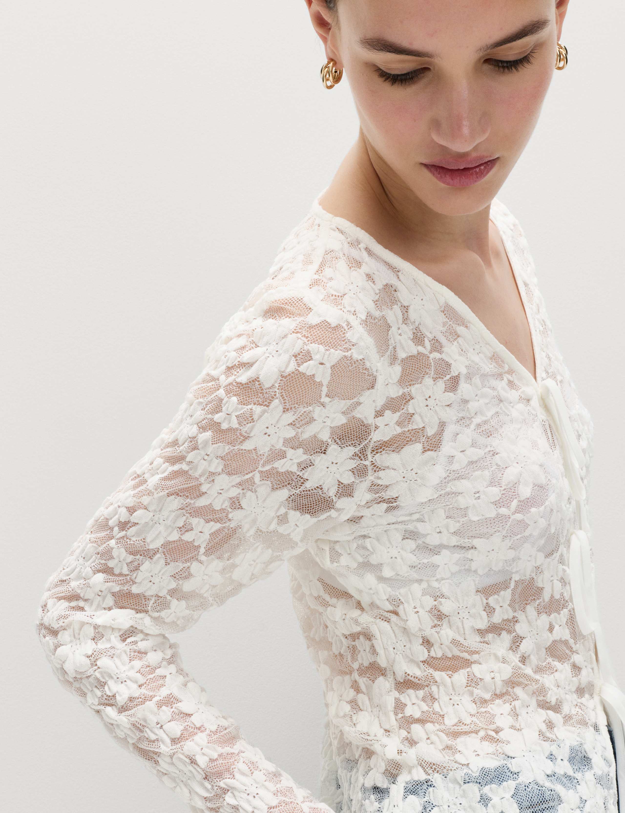 Cotton Blend Floral Lace Tie Front Top 7 of 7