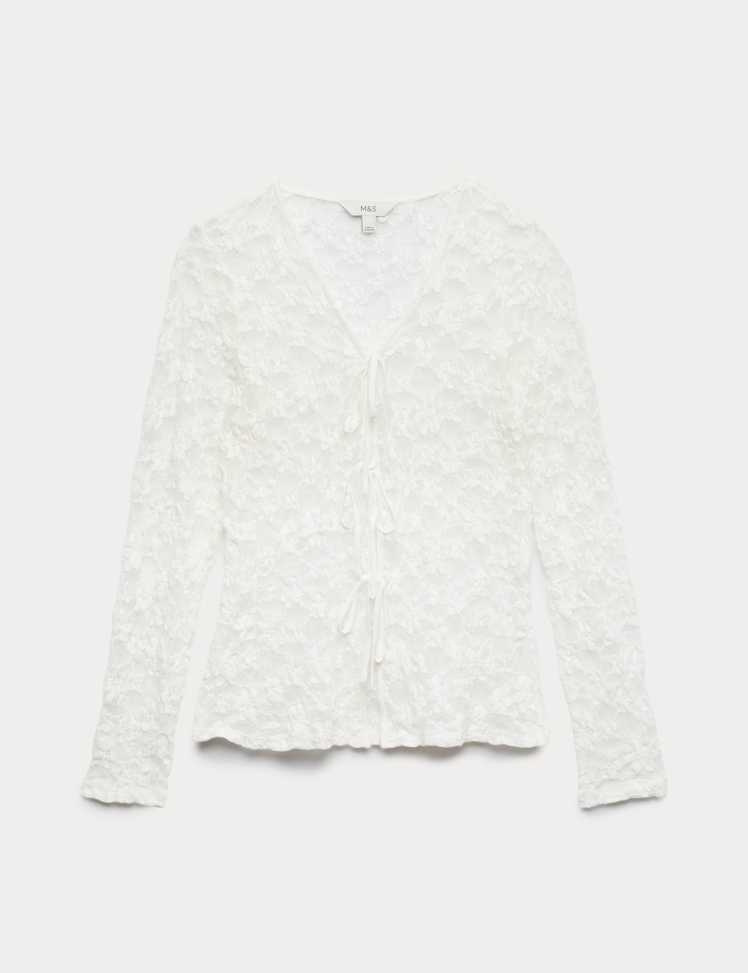 Cotton Blend Floral Lace Tie Front Top 2 of 7