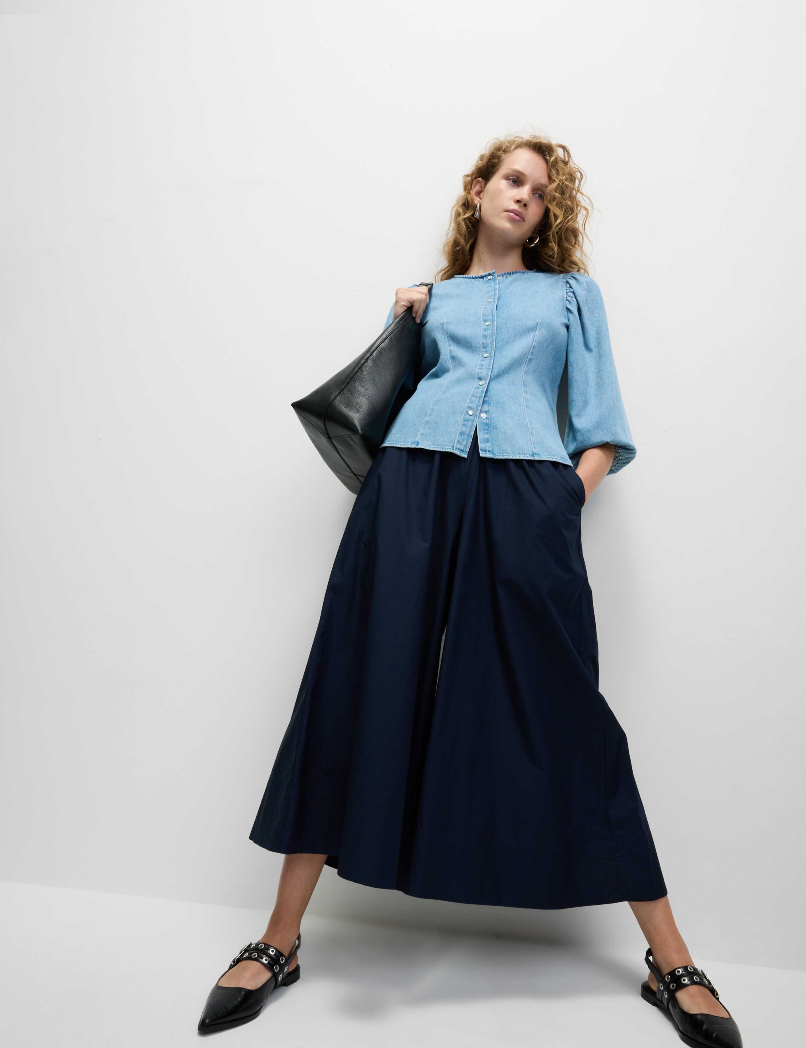 Denim Button Through Puff Sleeve Blouse 3 of 5
