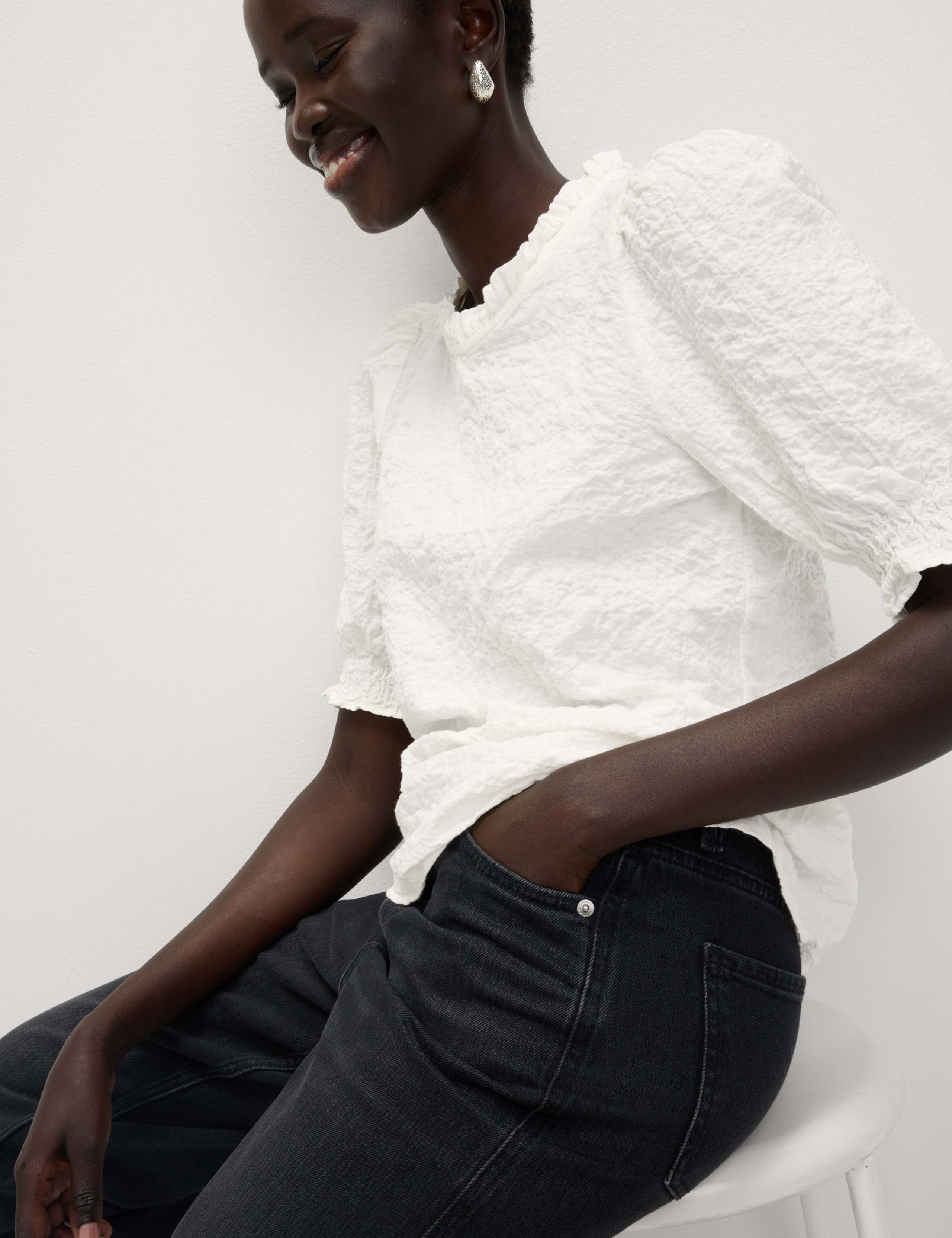 Cotton Rich Smocked Puff Sleeve Blouse 1 of 6
