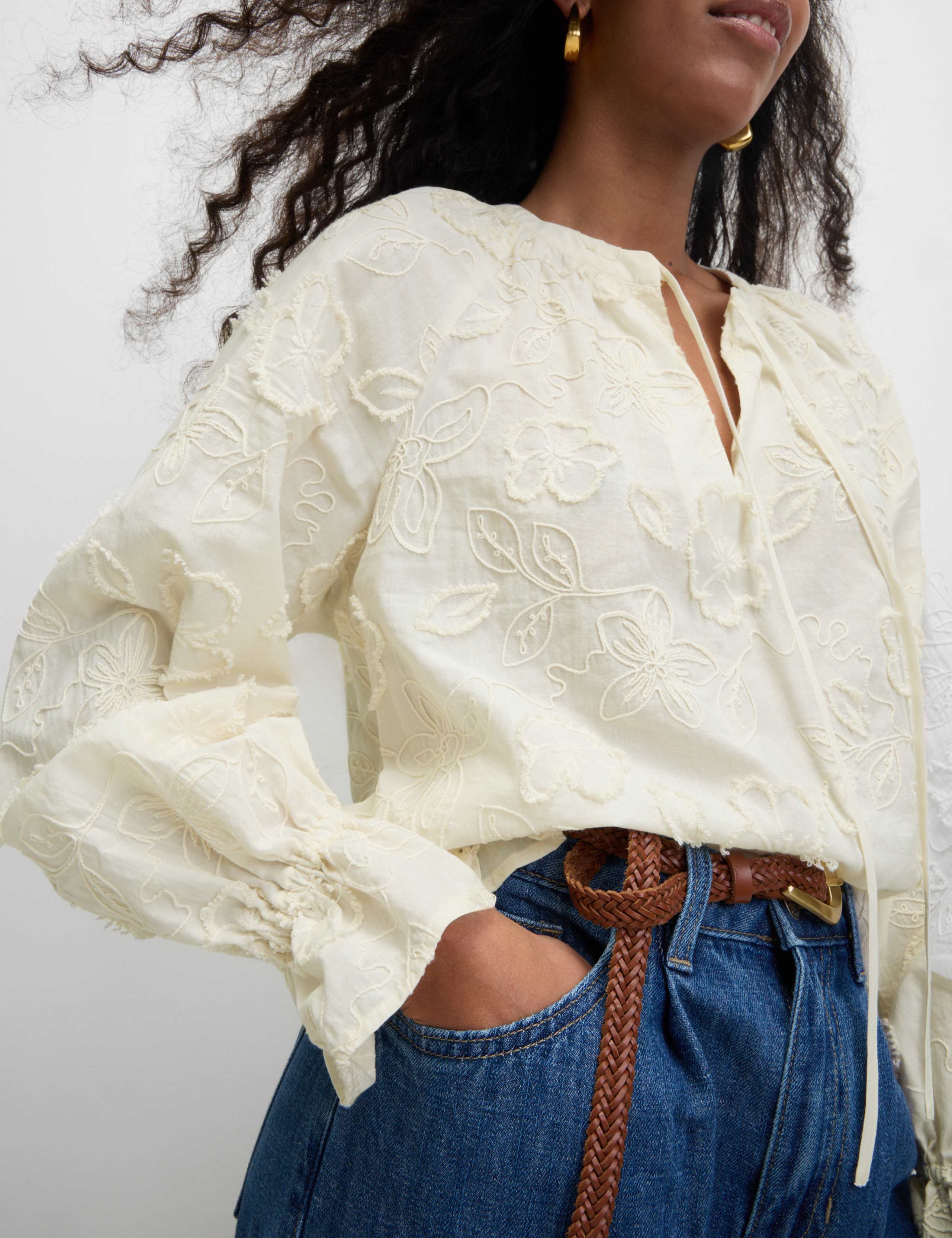 Pure Cotton Appliqué Tie Neck Blouse 3 of 6