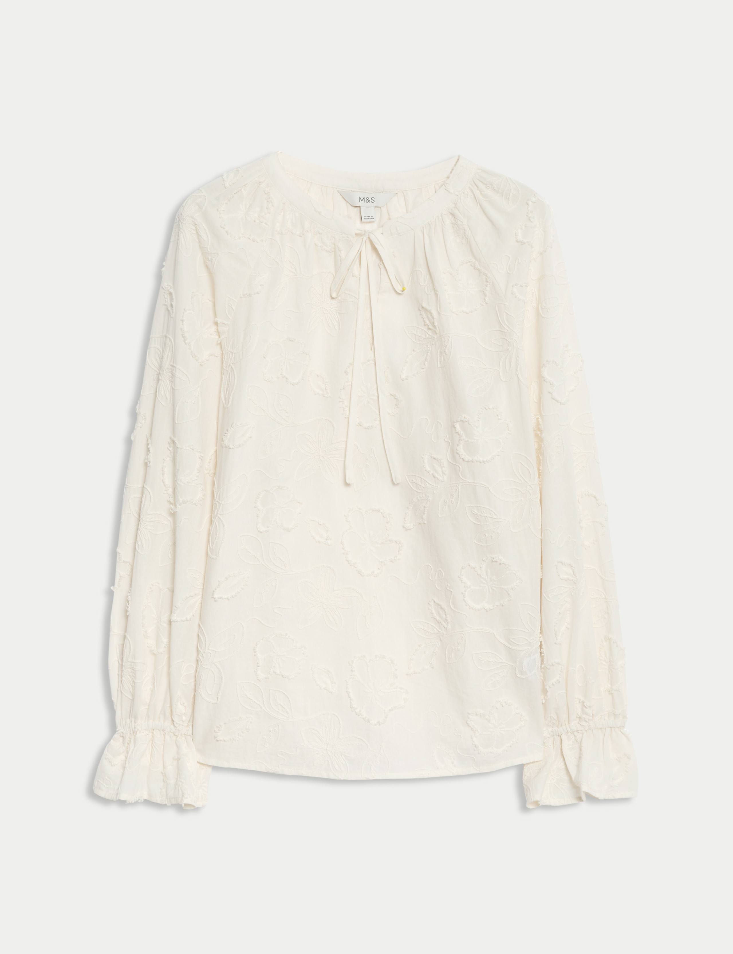 Pure Cotton Appliqué Tie Neck Blouse 2 of 6