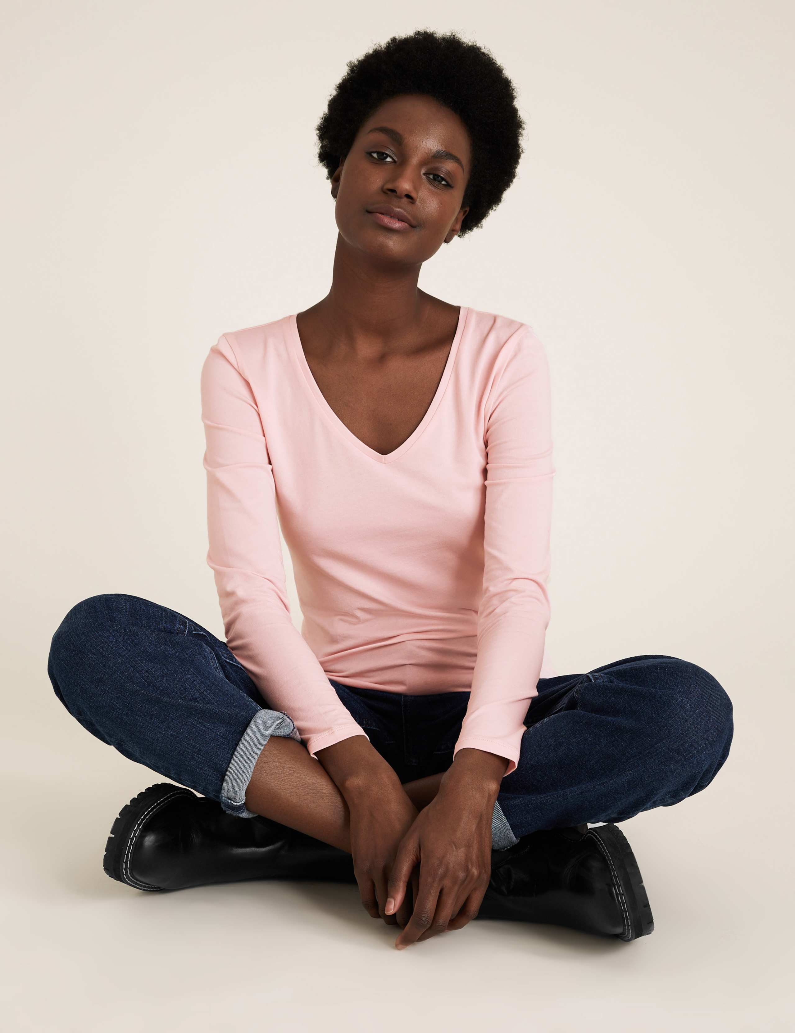 Cotton V-Neck Fitted Long Sleeve Top 1 of 4